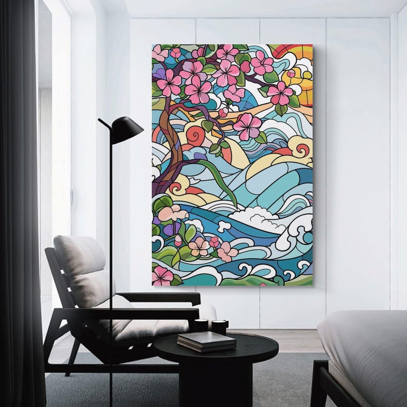 Junmoney Canvas Wall Decor Stained Glass Cherry Blossoms And Waves, 20x30inch(50x75cm), for Restful Interiors, Bedrooms Or Small Rooms, Canvas Wall Decor for Personal Spaces