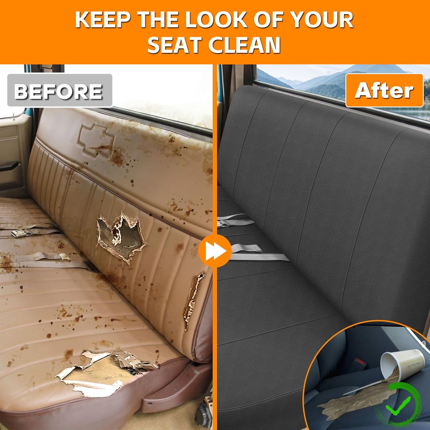 Front Seat Cover Compatible with 1973-1999 Chevy Full Size Trucks Solid Bench Seats, Neoprene Seat Cover, Durable Seat Protection with Rain Defender, Charcoal