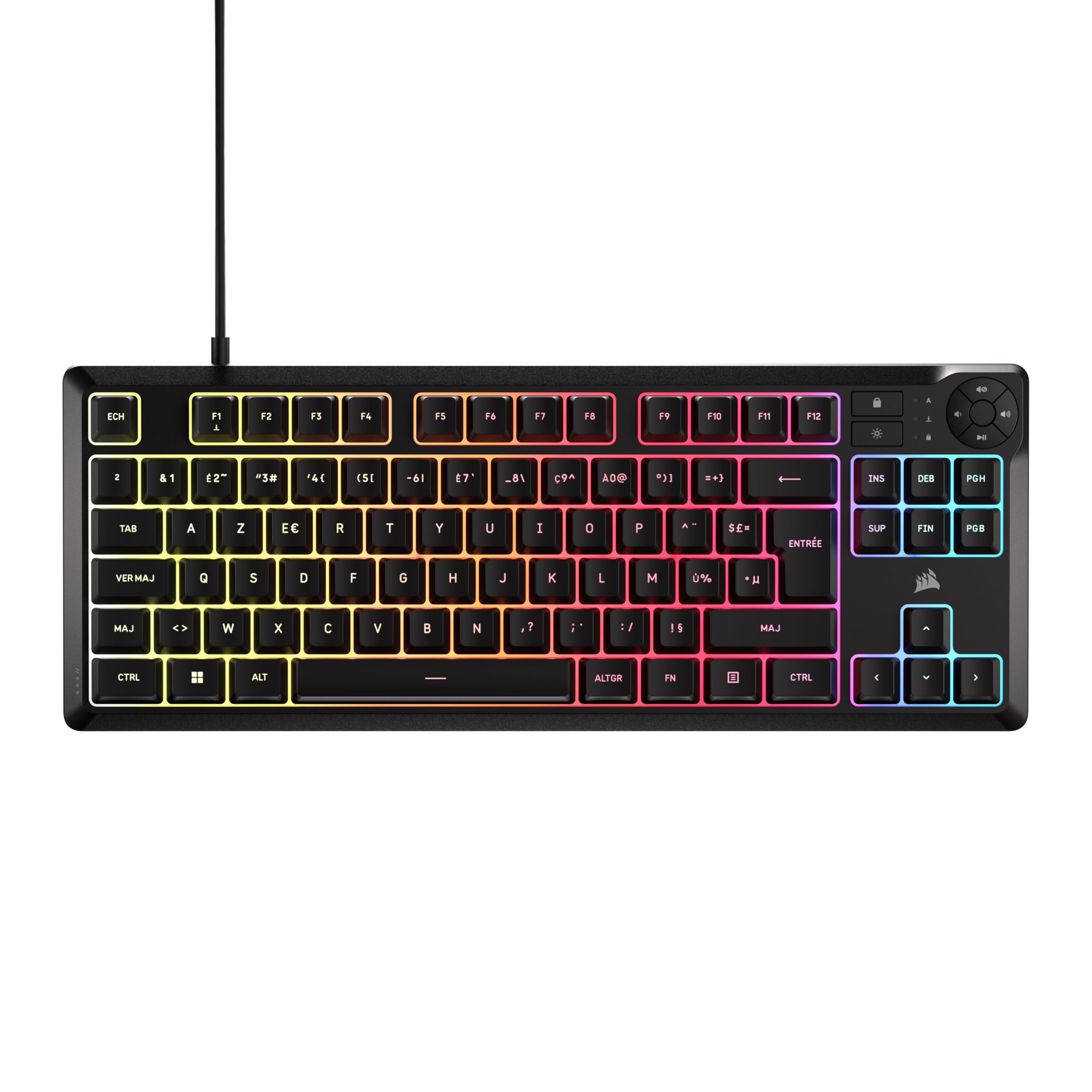 Corsair K55 Core TKL Clavier Gaming RGB (AZERTY FR) – Noir | Tenkeyless, 8 Zones RGB, Touches Silencieuses à Membrane, Résistant aux Éclaboussures, Touches Multimédia, 1000Hz