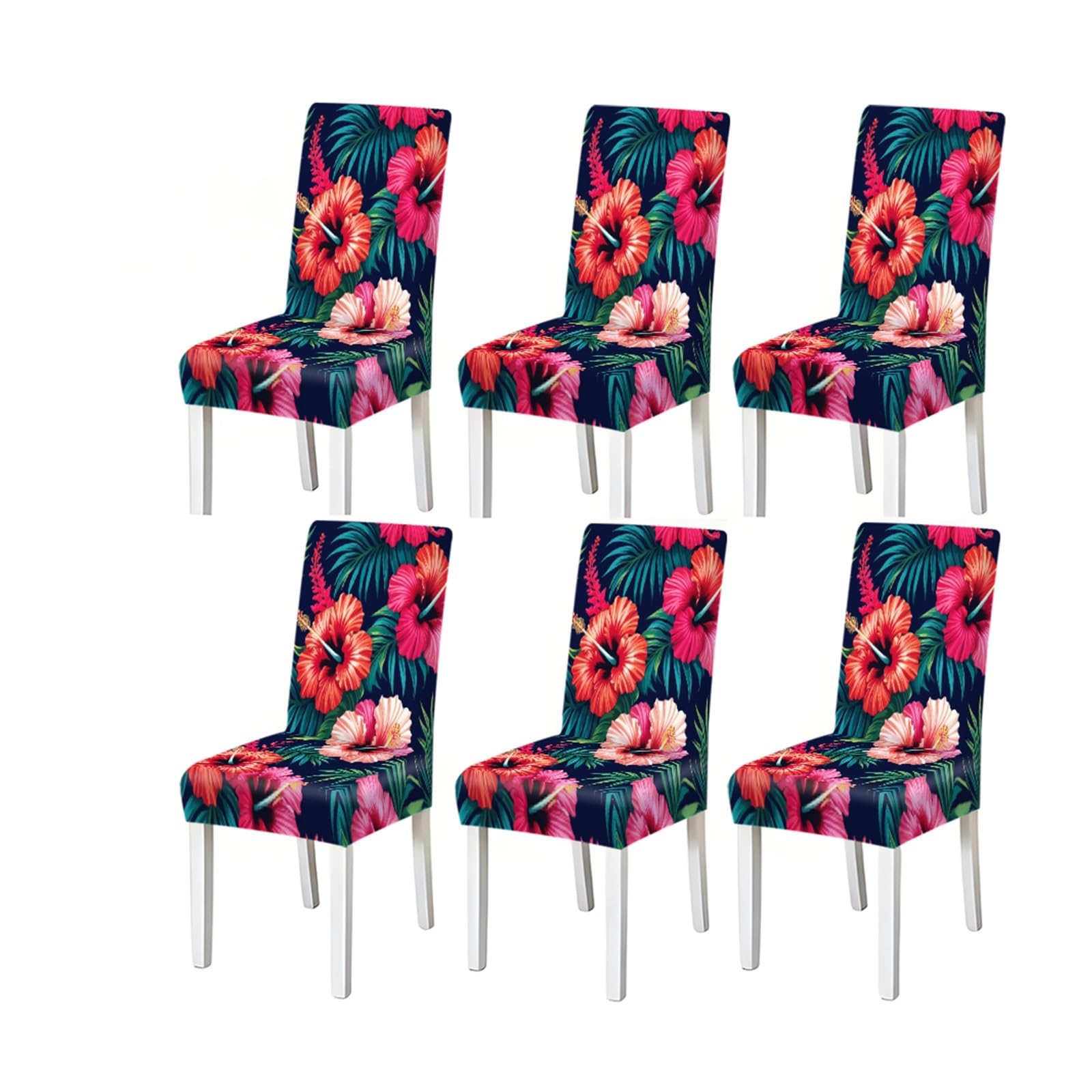 Bosuybn One Color Navy Background Tropical Hibiscus Palm Leaf Pattern Print Dining Chair Covers Set Of 2/4/6, Stretch Slipcovers For Kitchen Dining Room Furniture Protectors For Home Dining Room(6Pcschair Cover)