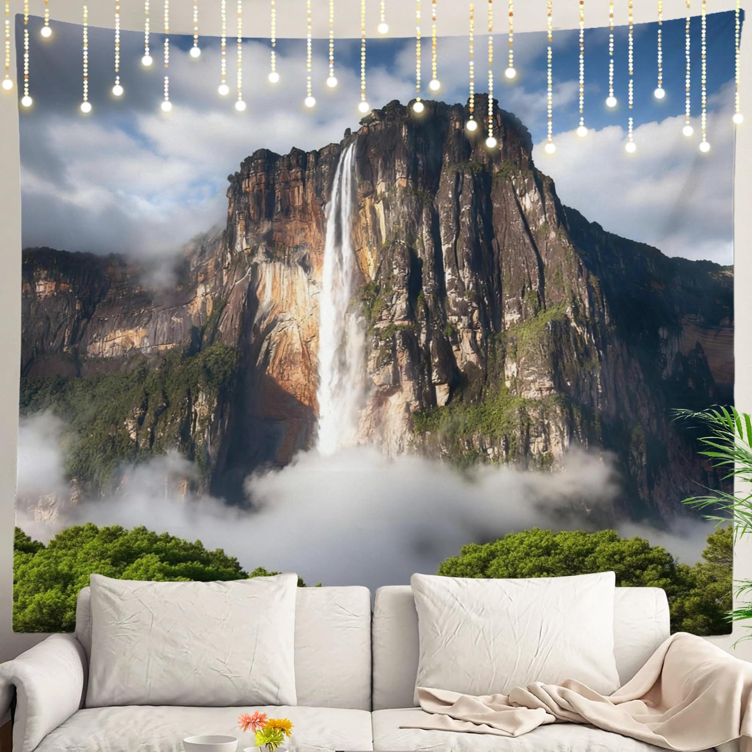 Shrahala Blue Nature Waterfall Wall Tapestry, Green Beautiful Wall Hanging Large Tapestry Decoration Polyester White Hem Around For Dorm Room Bedroom 90.6 X 78.7 In