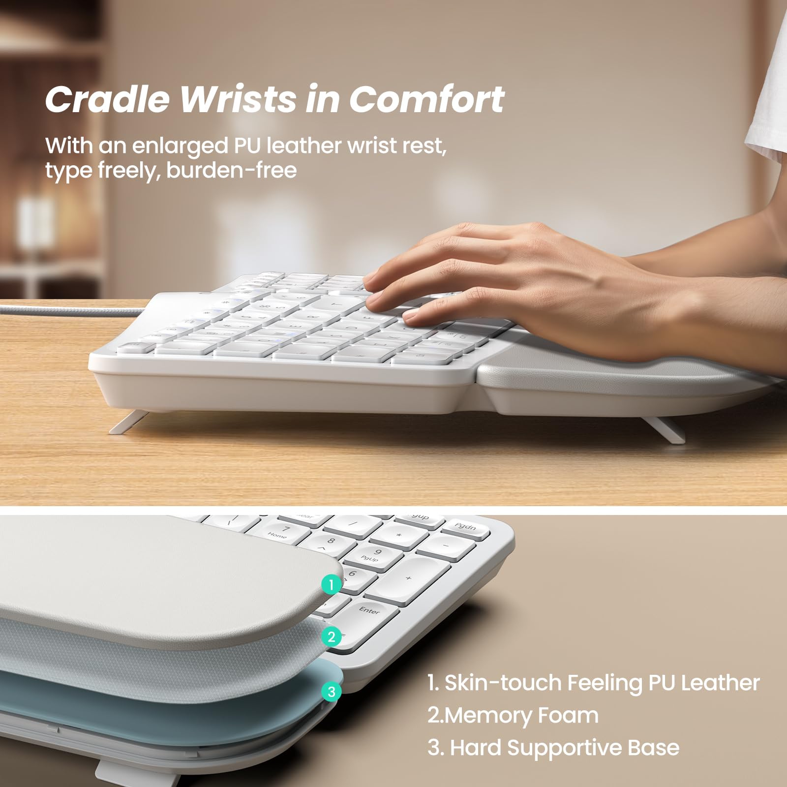 Nulea RT05C Tastiera ergonomica cablata, tastiera divisa con poggiapolsi imbottito, gambe inclinabili regolabili, Plug and Play, cavo USB, compatibile con Windows/Mac, bianco