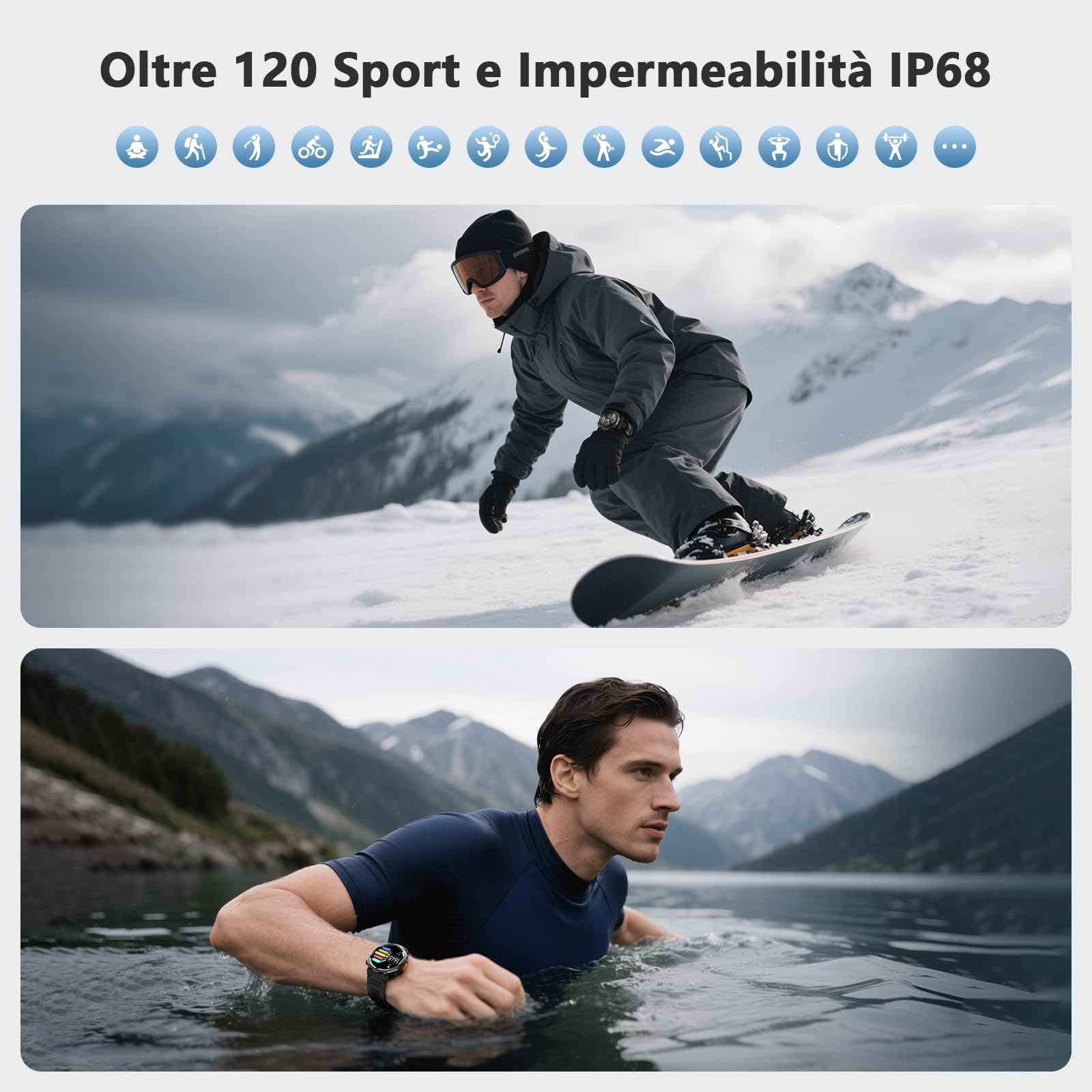 IOWODO Smartwatch Uomo, 1.45" Militari Orologio Intelligente con Torcia Bussola, Batteria 960mAh, IP68 Impermeabile, Orologio Fitness con Chiamate Bluetooth, Cardiofrequenzimetro Sonno, Android iOS