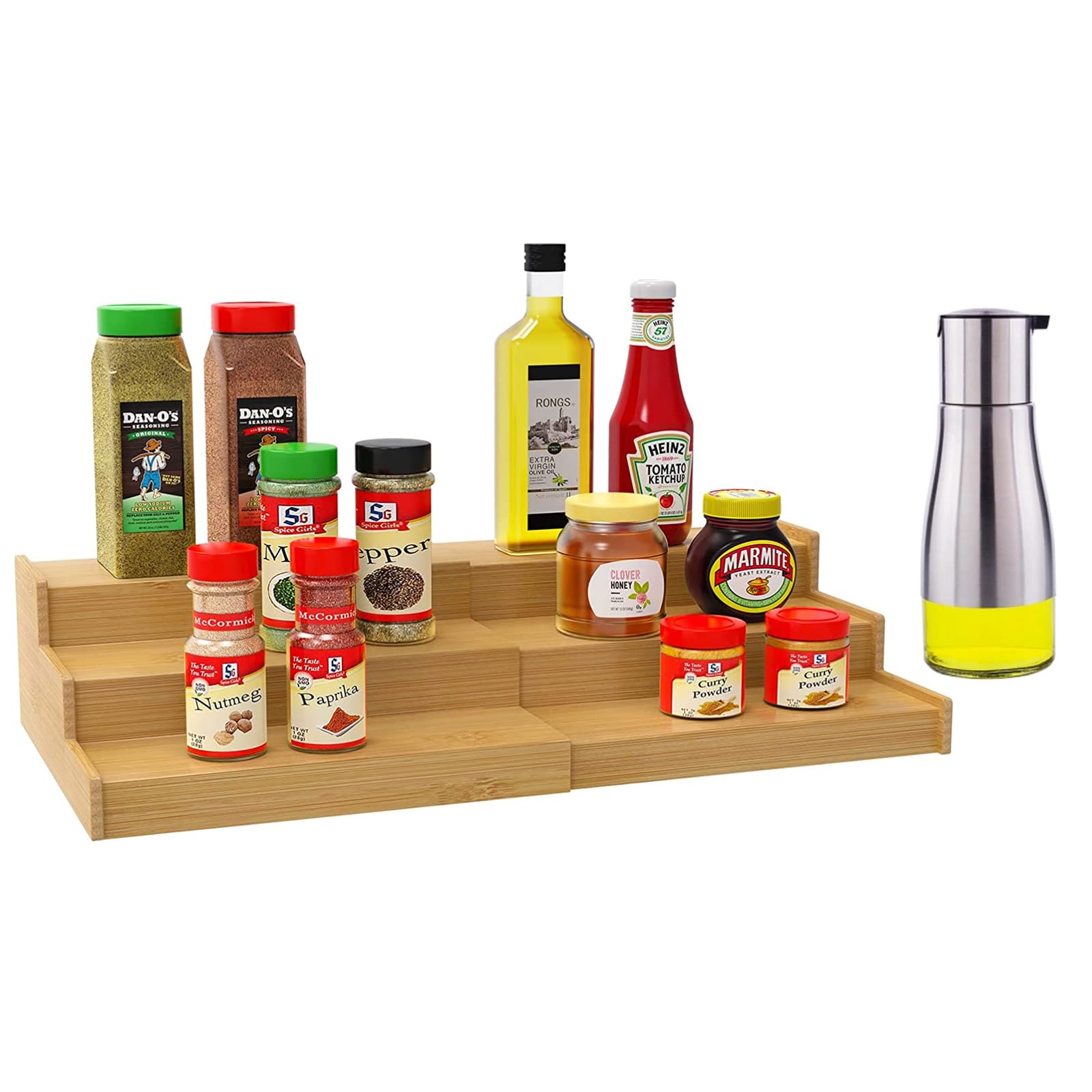 Bamboo Spice Rack Organizer with Oil Dispenser Bottle, 3 Tier Bamboo Expandable Display Shelf, Kitchen Cabinet Organizer for Pantry Cabinet or Countertop