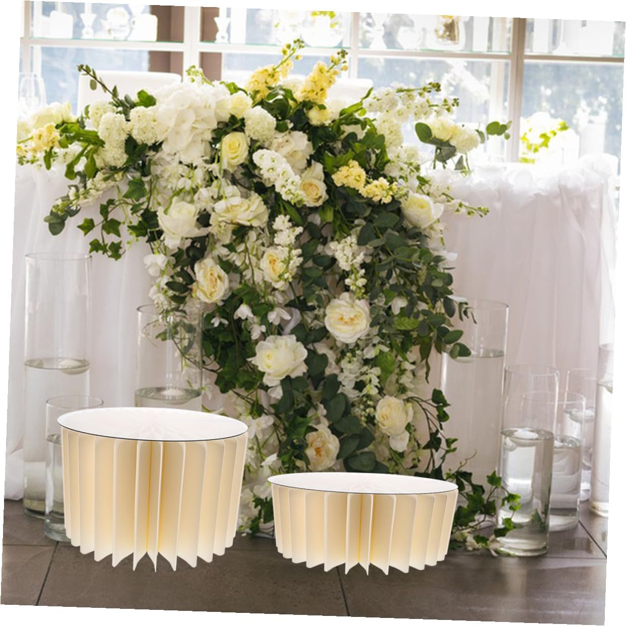 2pcs Foldable White Paper Cylinder Pedestal Stand Set, round Dessert Table Backdrop Stands for Party Wedding Birthday Centerpiece Decorations