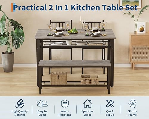 Miniatura 8 de GarveeHome Juego de mesa de comedor moderno para 4, mesa de cocina para 4 personas con sillas y banco de almacenamiento, juego de comedor