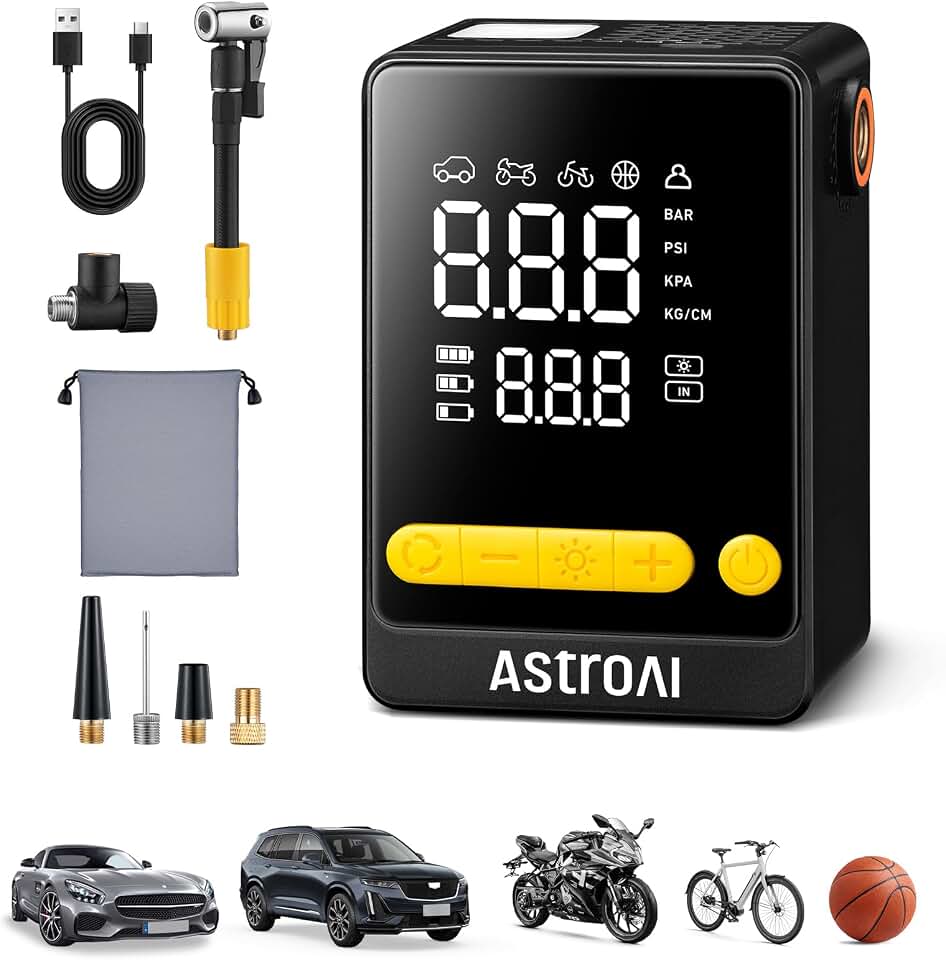 AstroAI Compresor Aire Portátil Coche,150 PSI Inflador Ruedas Coche Inalámbrico, 2 Veces Más Rápido, Pantalla LCD Precisa y Luz LED, Mini Bomba Eléctrica para Neumáticos de Coche, Moto, Bici