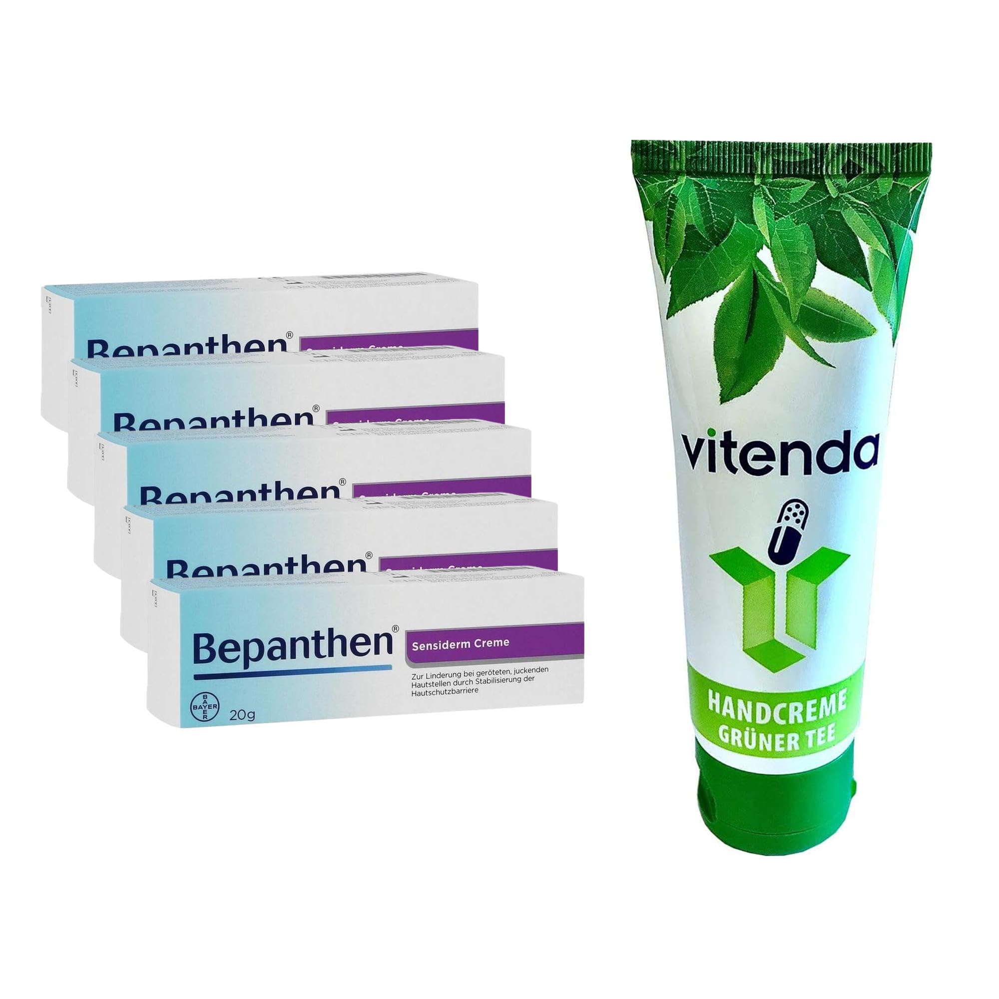 Set: Hautpflege Creme bei Rötung & Juckreiz mit Bepanthen Sensiderm, kortisonfrei, 5x20g – inkl. vitenda Handcreme