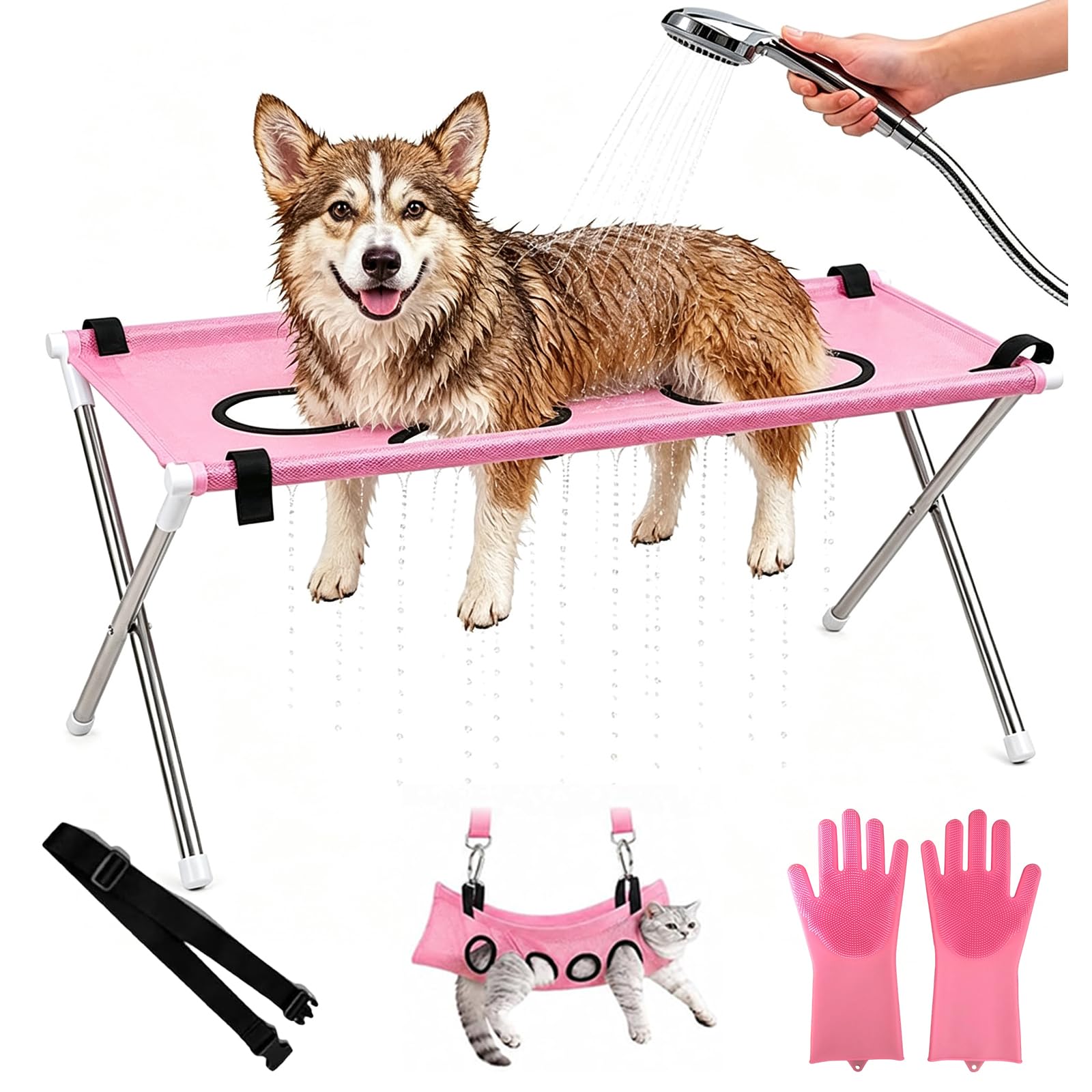 Dog Cat Grooming Hammock, Pet Grooming Hammock Stand with Anti-Scratch Mittens and Restraint Straps Foldable for Trimming, Bathing, Brushing