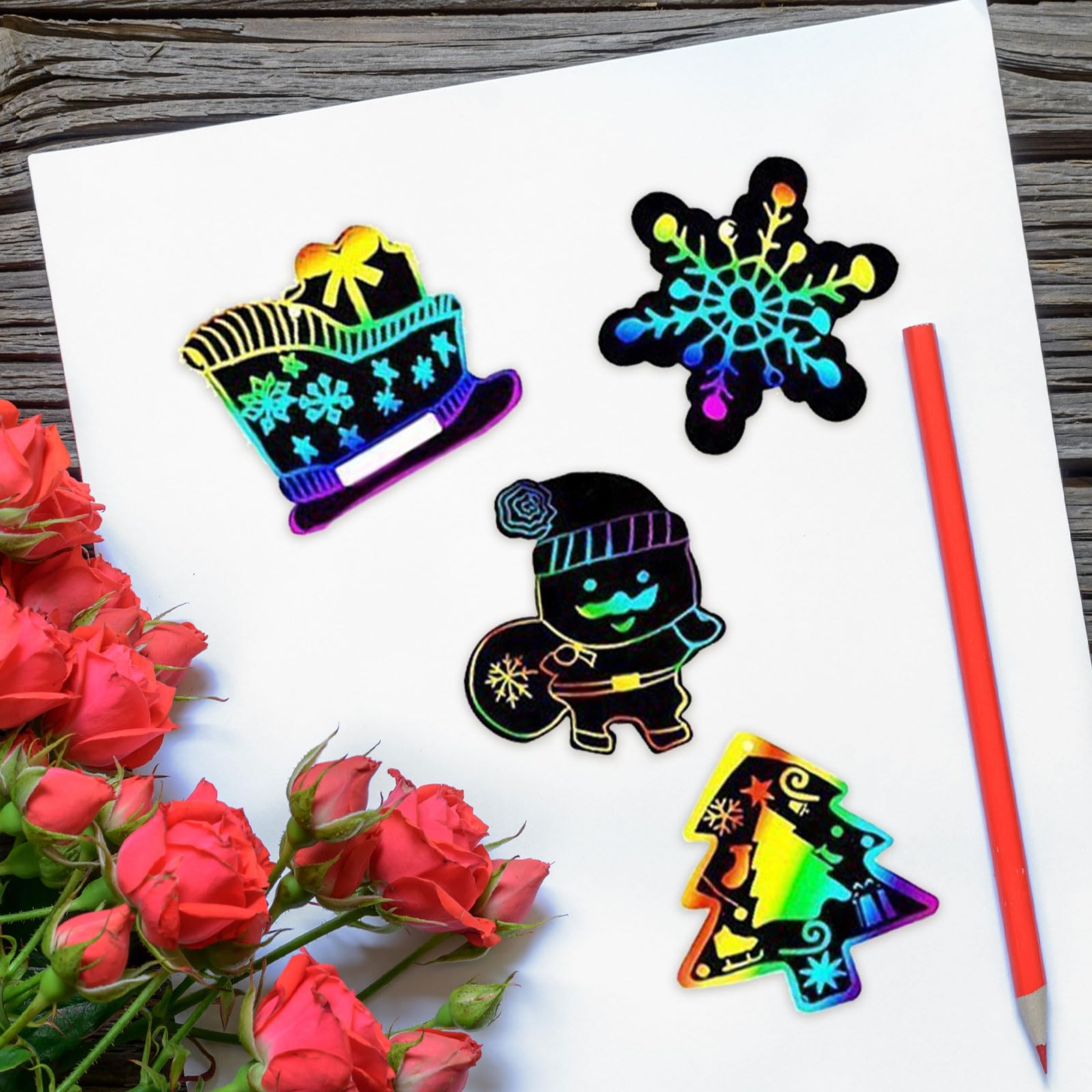 Vordpe Pack of 48 Christmas Scratch Pictures, Colourful Christmas Scratch Art for Children, Christmas Ornaments Hanging Craft Kits, Scratch Art Paper with Wooden Pens Ribbon (C-GHZ205) - Image 3
