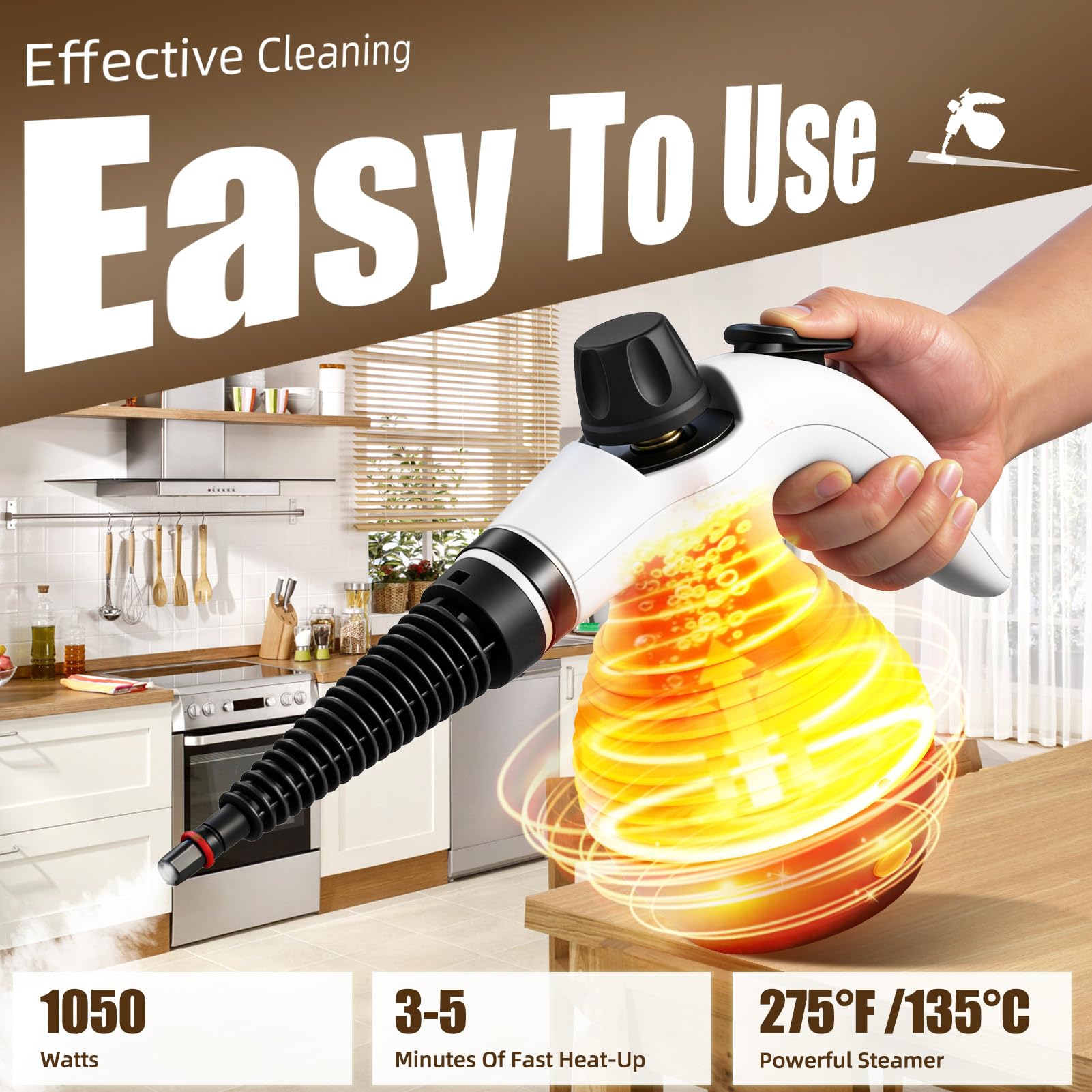 2 in 1 Pulitore a Vapore Portatile/Scopa a Vapore, 1050W Steam Cleaner 135°C Riscaldamento Rapido con 350ml Serbatoio, per Varie Superfici Come Piastrelle Divani e Cucine