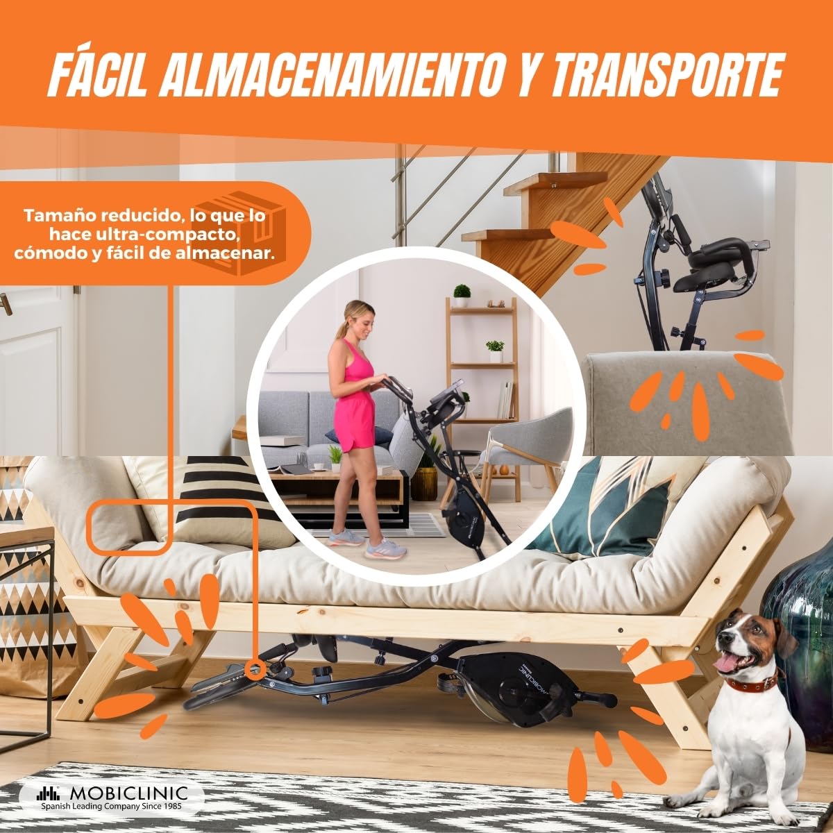 Mobiclinic® fitness, Bicicleta estática plegable + cintas de resistencia, 2 en 1, Everest, 8 niveles, Hasta 100kg, Pantalla lcd, Medidor pulso, Asiento regulable, Rueda, 5kg, Trainer x-bike