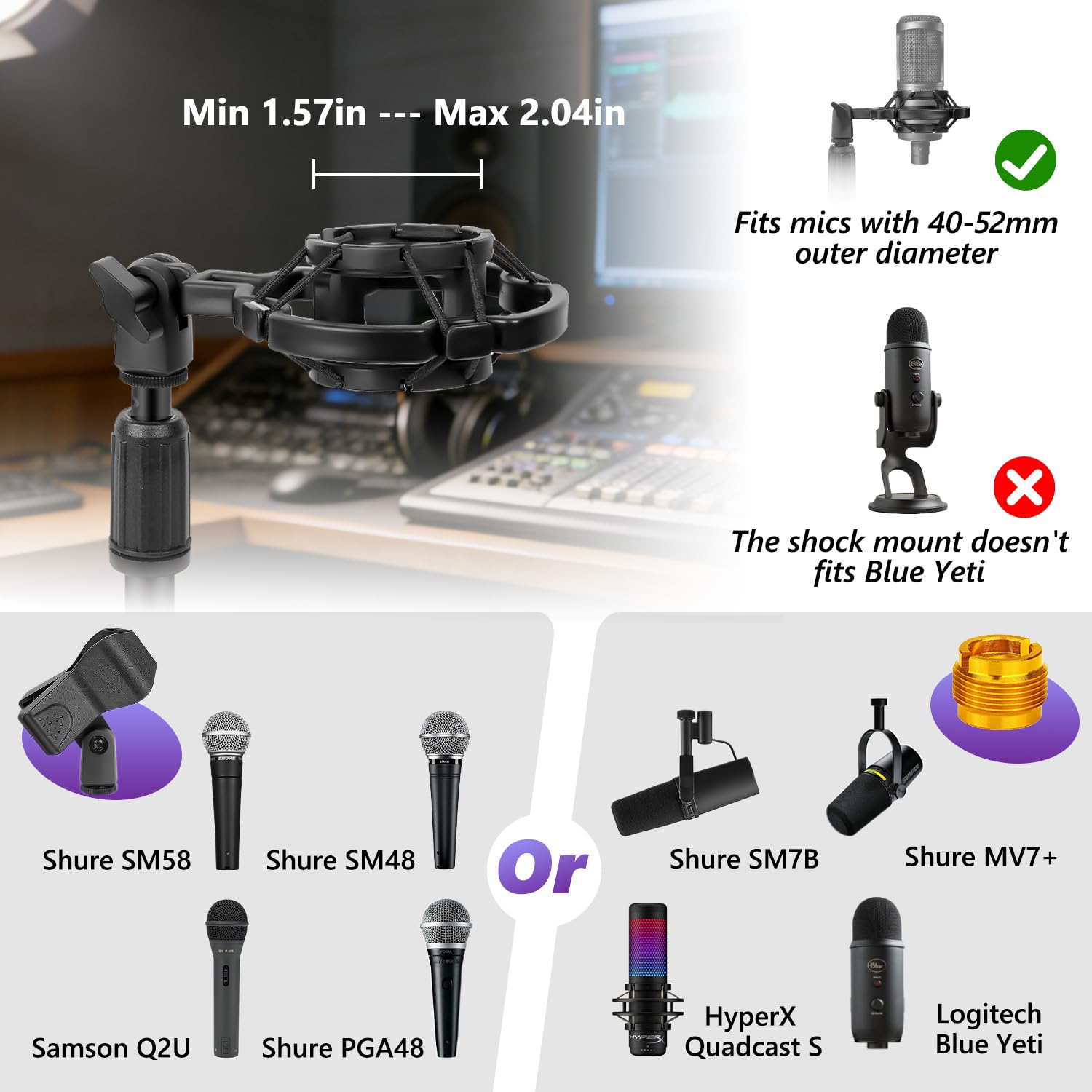 Support de microphone de bureau réglable avec pied en métal stable, support antichoc, coupe-vent, pince de microphone et adaptateur pour microphone AT2020, HyperX QuadCast, Blue Yeti, Shure