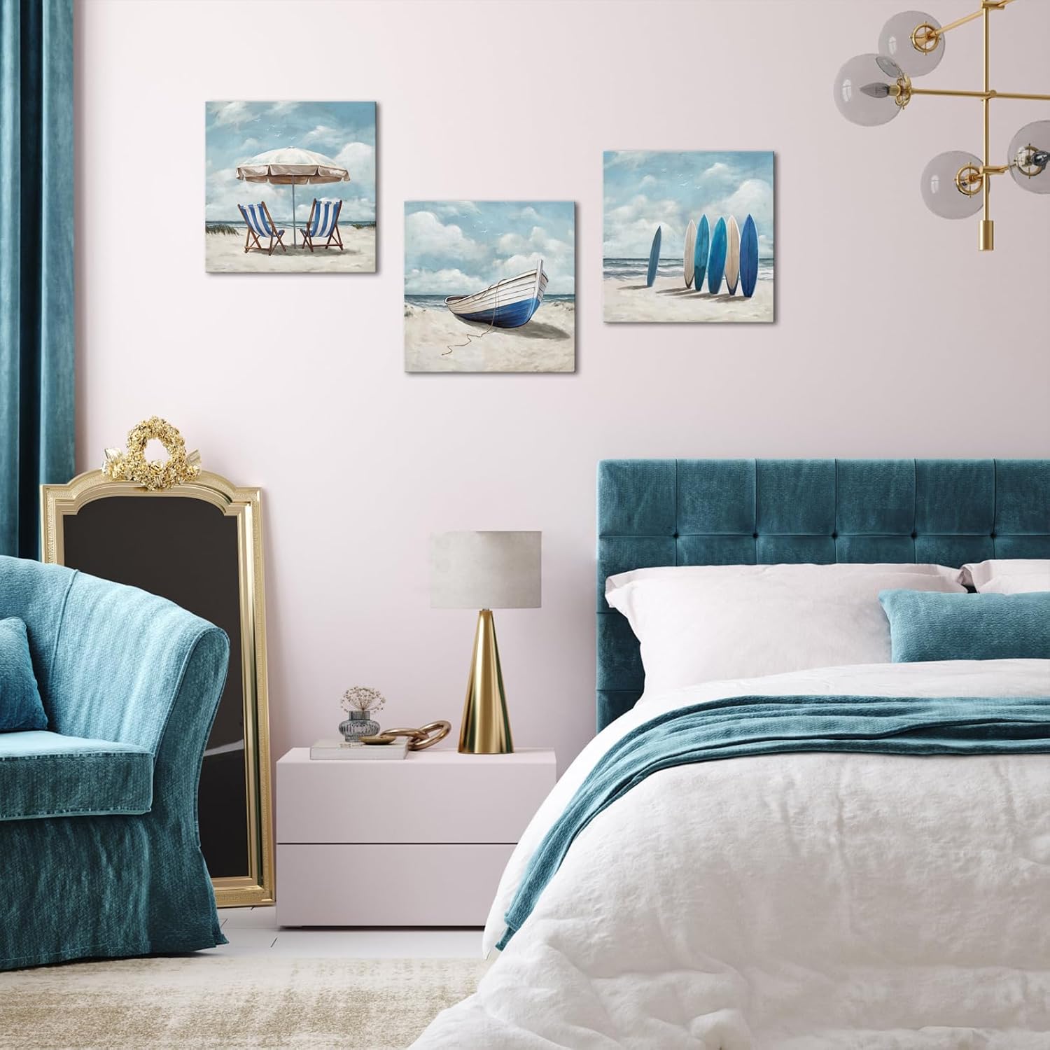 Visual Art Decor Coastal Wall Art Beach Landscape Painting Blue Bathroom Decor Picture Framed 12inx12inx3Pieces (Blue)