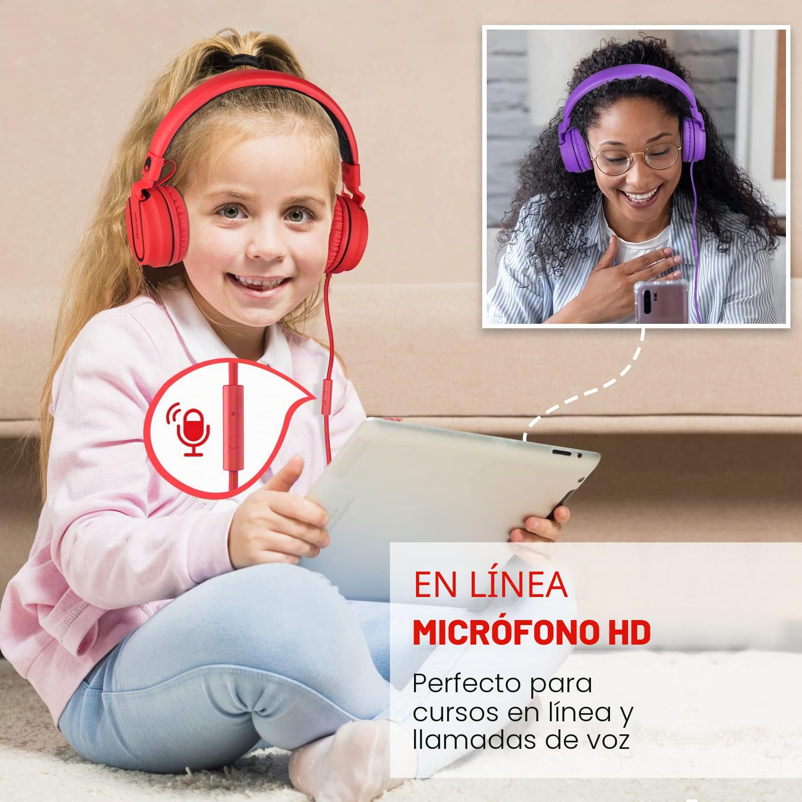 RockPapa Auriculares On-Ear, Auriculares con Cable y Microfono, Ligeros, Cómodos y Plegables Audifonos para Niños Estudiantes Adolescentes, para PC/Mac/portátil/teléfono/DVD-Negro Rojo