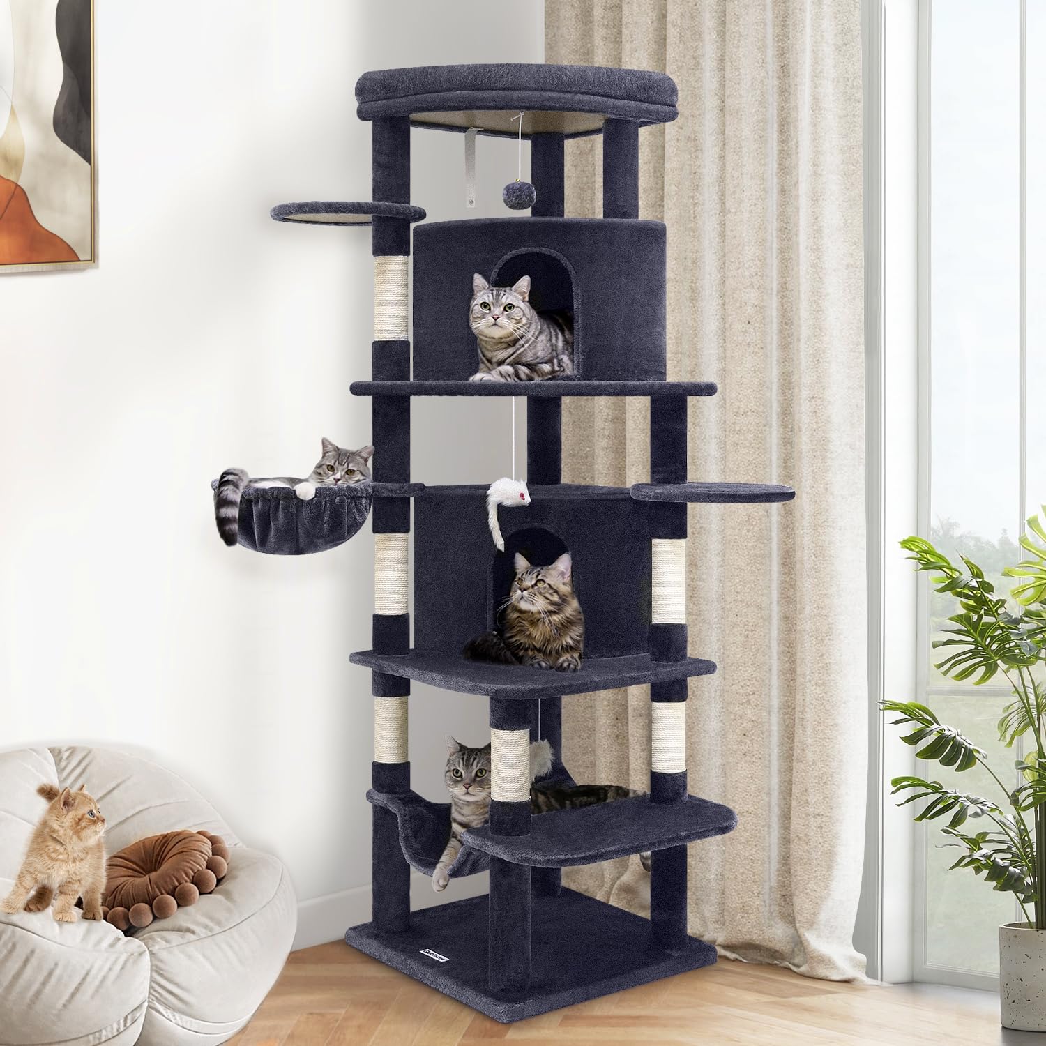 Globlazer Cat Tree Corner for Indoor Cats 167 cm with 2 Caves, Large Cushion Platform, Hammock, Basket, Sisal Scratching Posts, Sturdy Cat Tower for 3-4 Cats Rest Play Scratch(C66, Dark Grey)