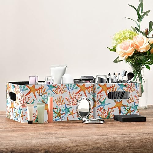 Miniatura 6 de Juego de 2 cestas de almacenamiento con diseño de estrellas de mar (2 unidades) de fieltro plegables con cestas rectangulares de tela para organizar