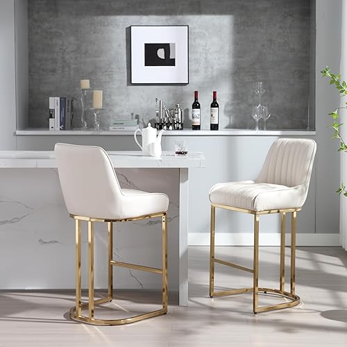 Miniatura 35 de Juego de 2 taburetes de bar de terciopelo beige de 26 pulgadas, modernos taburetes de mostrador con respaldo/patas doradas, sillas de bar tapizadas,