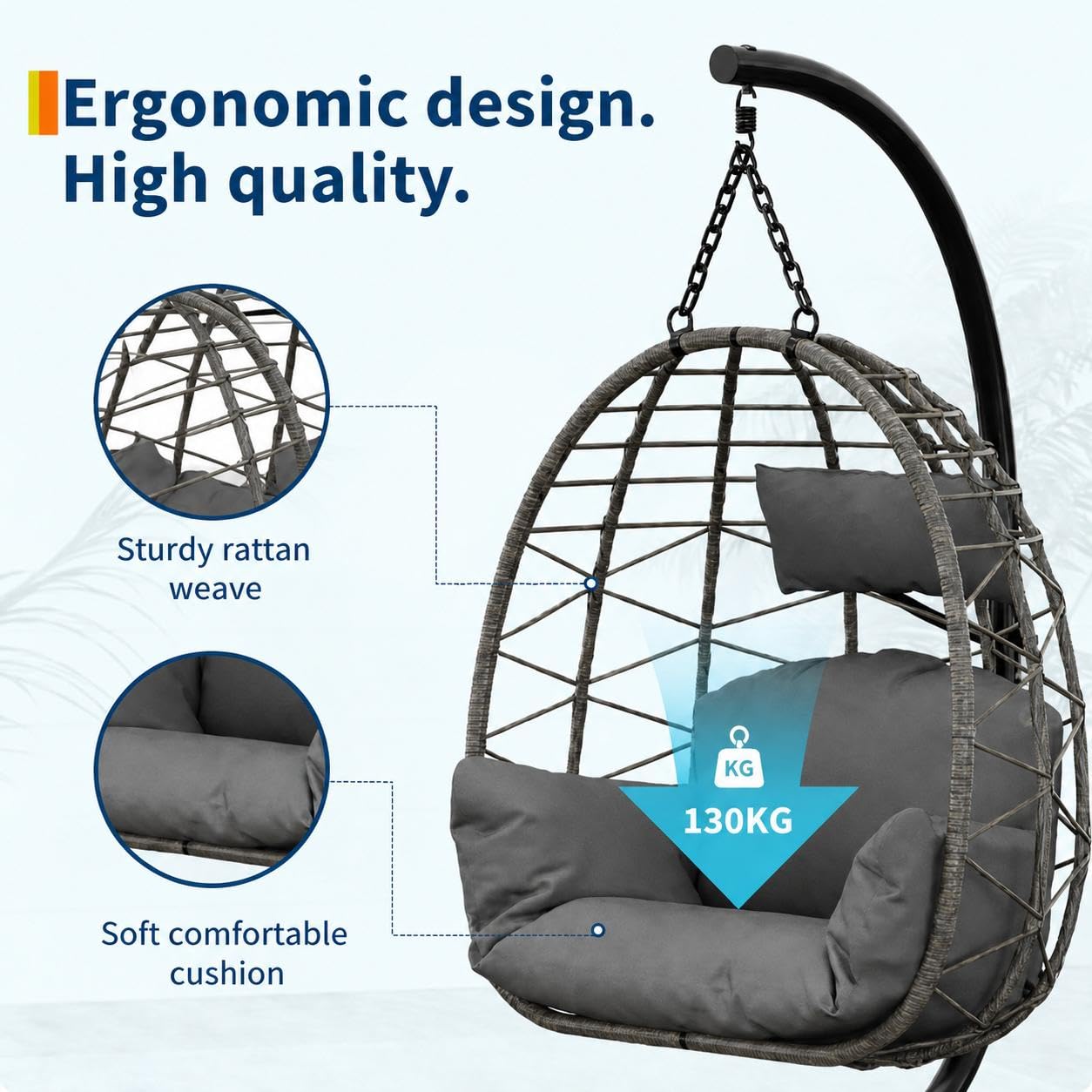 Hängesessel mit Gestell Outdoor bis 150 kg belastbar, Rattan Hängesessel mit Metallgestell & Kissen, Hängesitz für Garten, Terrasse & Balkon, Indoor & Outdoor nutzbar - Grau