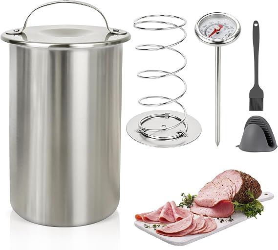 Deli Meat Press Mold with Thermometer, Stainless Steel Lunch Meat Press Mold, Ham Maker Meat Press Tool with Silicone Brush&Mittens, for Making Homemade Healthy Delimeat, Lunchmeat