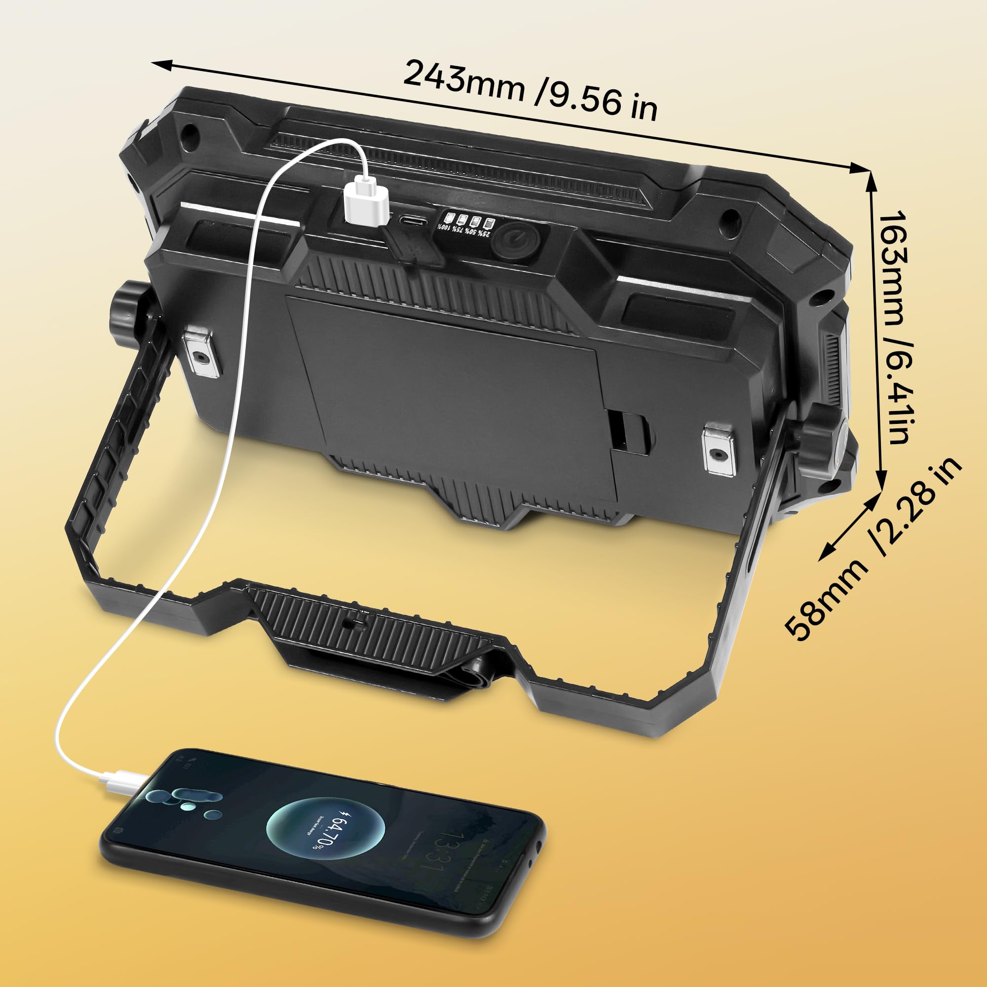 Luz de trabajo LED recargable de 12000 mAh, luces de camping al aire libre, luz de inundación de 10000 lm como banco de energía, luces de emergencia de flash rojo IP65 impermeable, soporte