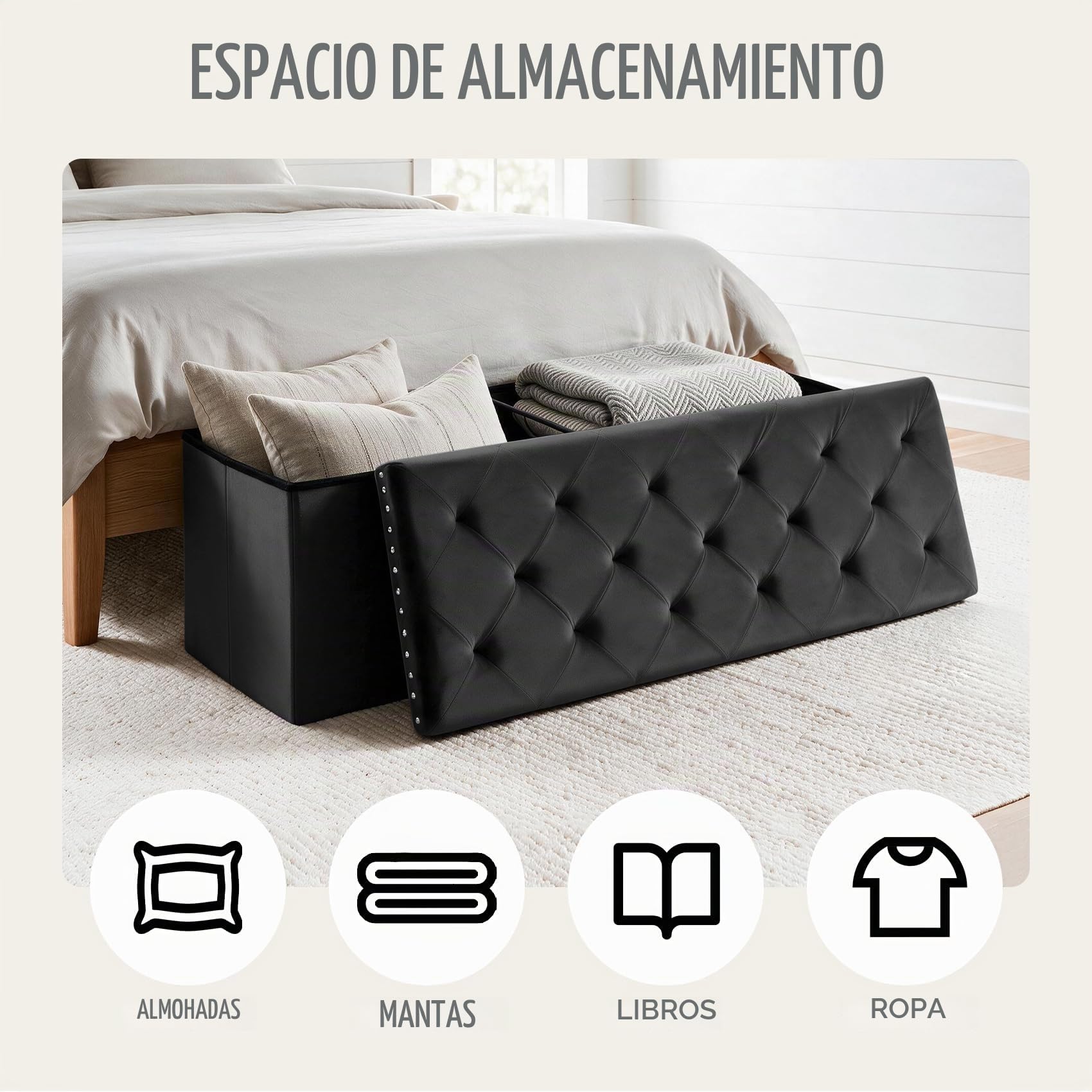 PINPLUS Baúl Banco de Almacenamiento Plegable, Puff de Terciopelo con Tapa, Reposapiés para Salón, Dormitorio y Pasillo, 110x40x40 cm, Negro