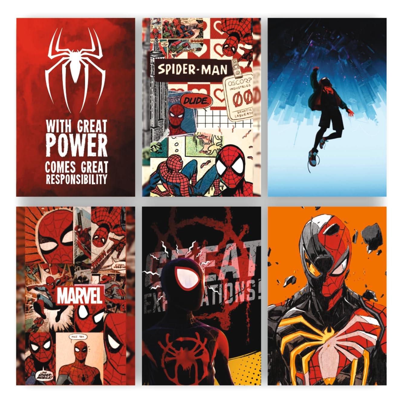 POSTER WALLAH Spider Man Paper Poster for Home Office and Student Room Wall | Aesthetic Poster | Wall Decor (12x8 Inch) Set of 6 Pieces