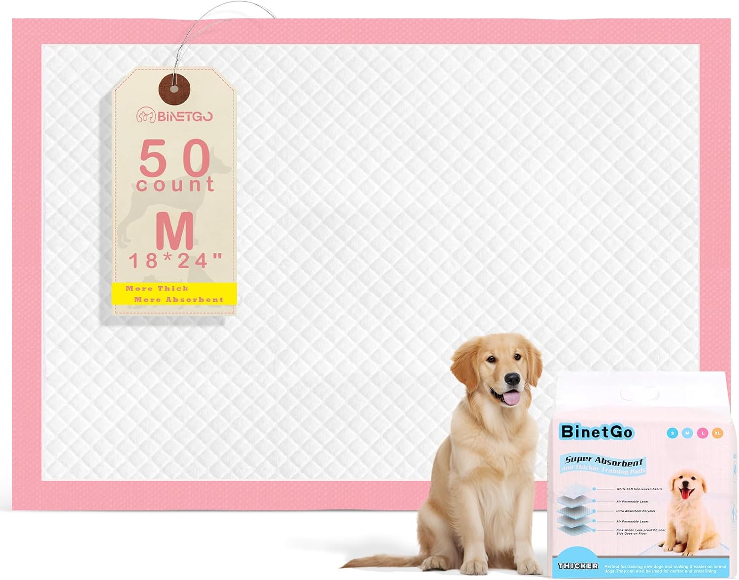BinetGo Pink Disposable Pee Pads for Dogs, 50 Count 18” x 24” Medium Wee Wee Pads for Urine, Extra Absorbent Unscented Puppy Pads, Pet Training Pads for Dogs, Pink Doggy Pee Pads for Indoors