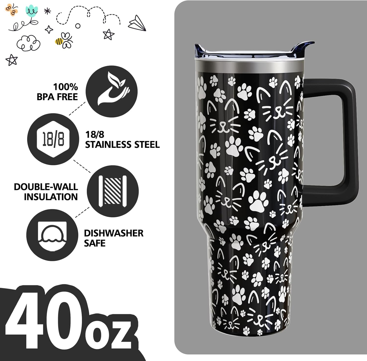 40 Oz Cat Paw Tumbler with Handle and Lid Straw, Black Cat Face Stainless Steel Travel Cups Birthday Cats Lover Gifts for Women Men (1PC) - Image 4