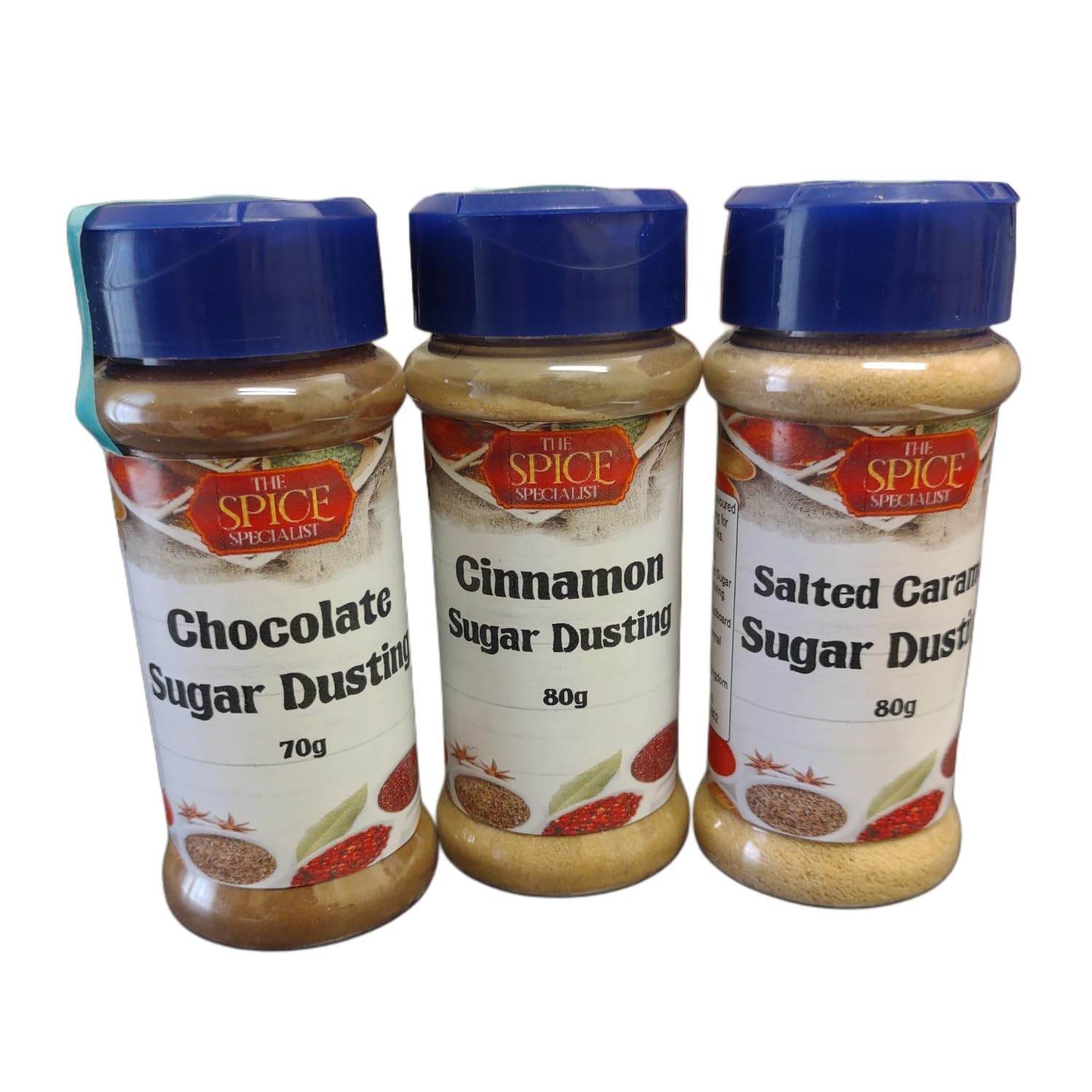 Hot Drinks Dusting Topper Flavouring Pack of 3, Chocolate, Cinnamon, Salted Caramel (3 x 90g)- Also for Popcorn flavouring, Cupcake Duster, Icing, baking by The Spice Specialist