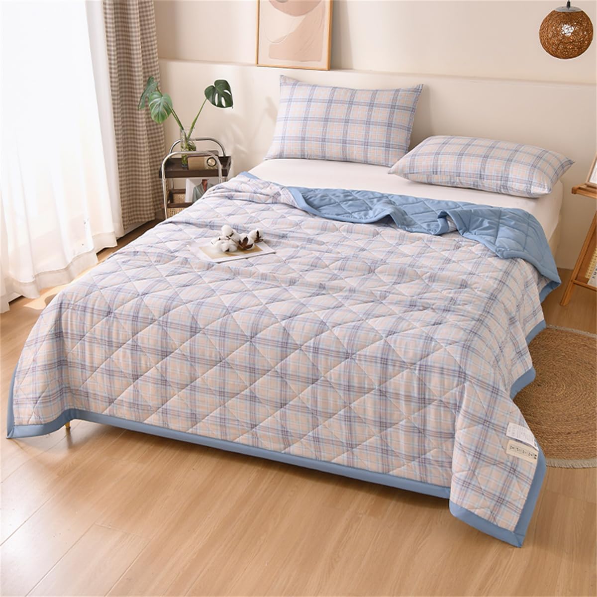 VUIKLCty Retro Checked Quilted, Reversible, Soft And Lightweight Bedspread (duvet Only)(Light Purple,200x230cm)