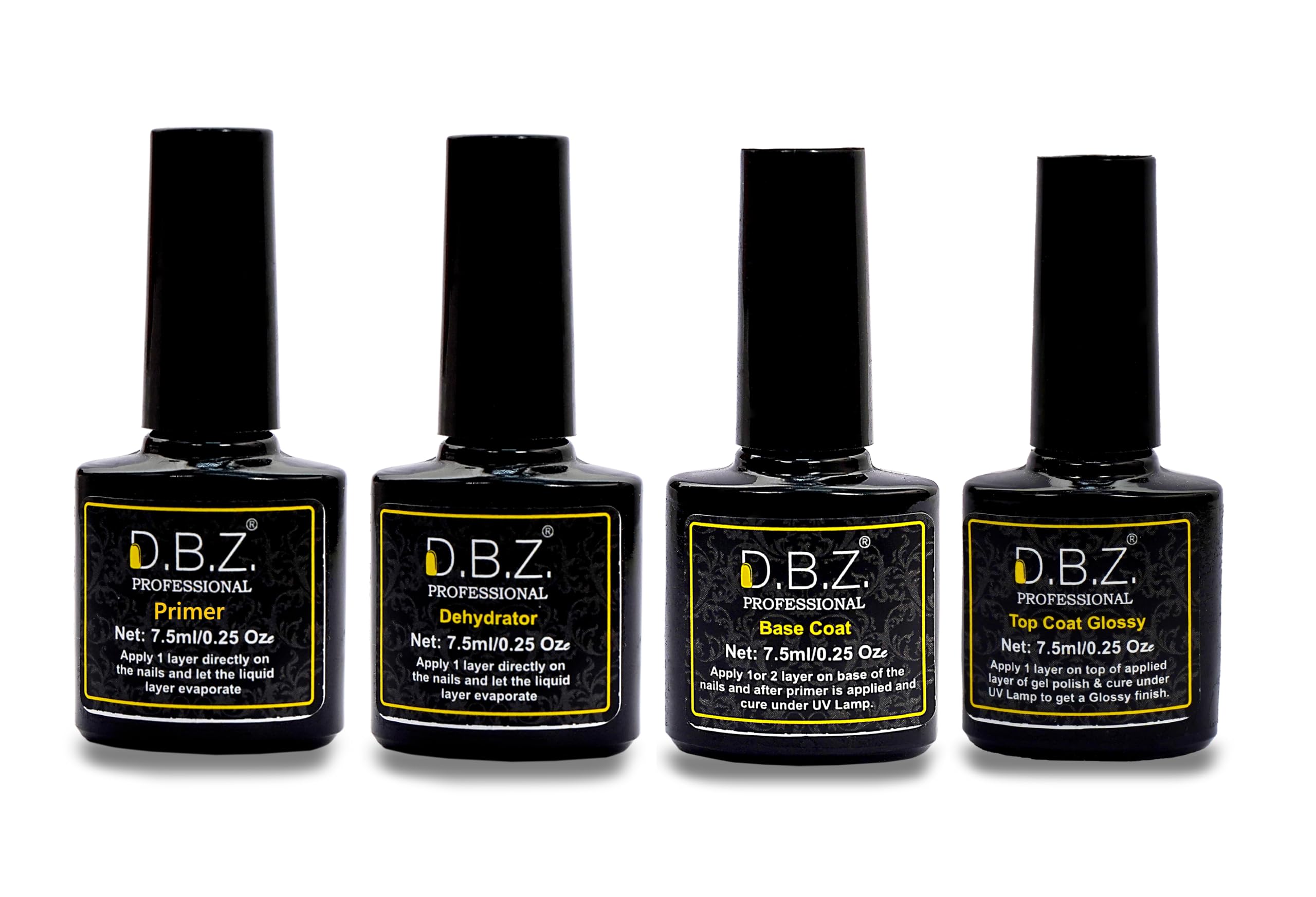 D.B.Z.® Top Coat, Base Coat, Nail Primer & Dehydrator, Textured Finish - 7.5ml Each for Acrylic/Polygel/Gel Nail Extension Gel Nail Colour Or Diy Nail Art Uv Lamp Dry - Pack Of 4-image-1