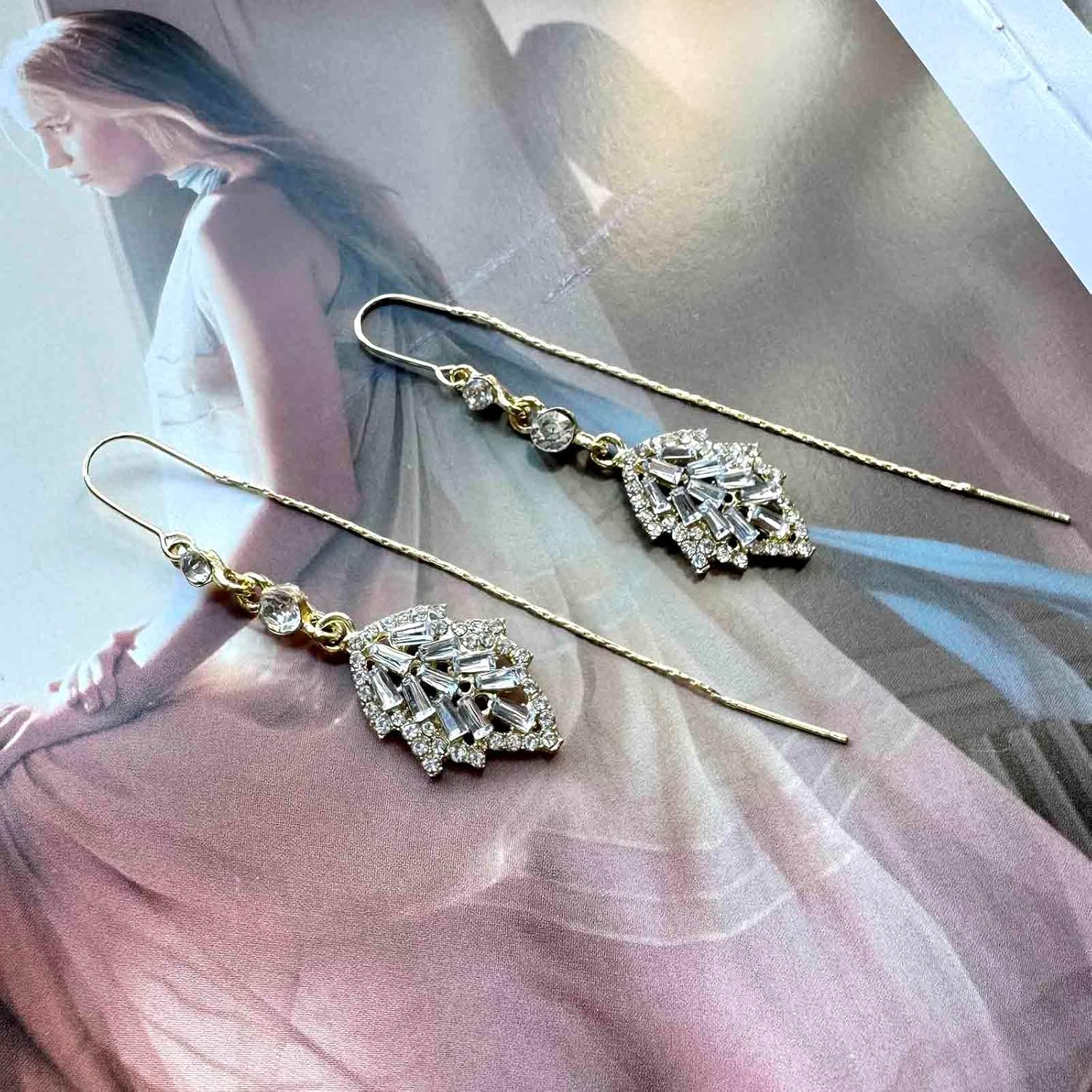 Boho Crystal Leaf Dangle Earrings Leaf Threader Drop Earrings Gold Ear Line Earrings Jewelry for Women and Teen - Image 3