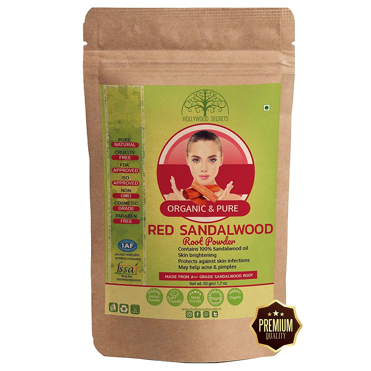 Saheb Hollywood Secrets Premium Organic Red Sandalwood Powder With 100% Sandalwood Oil 50 gm