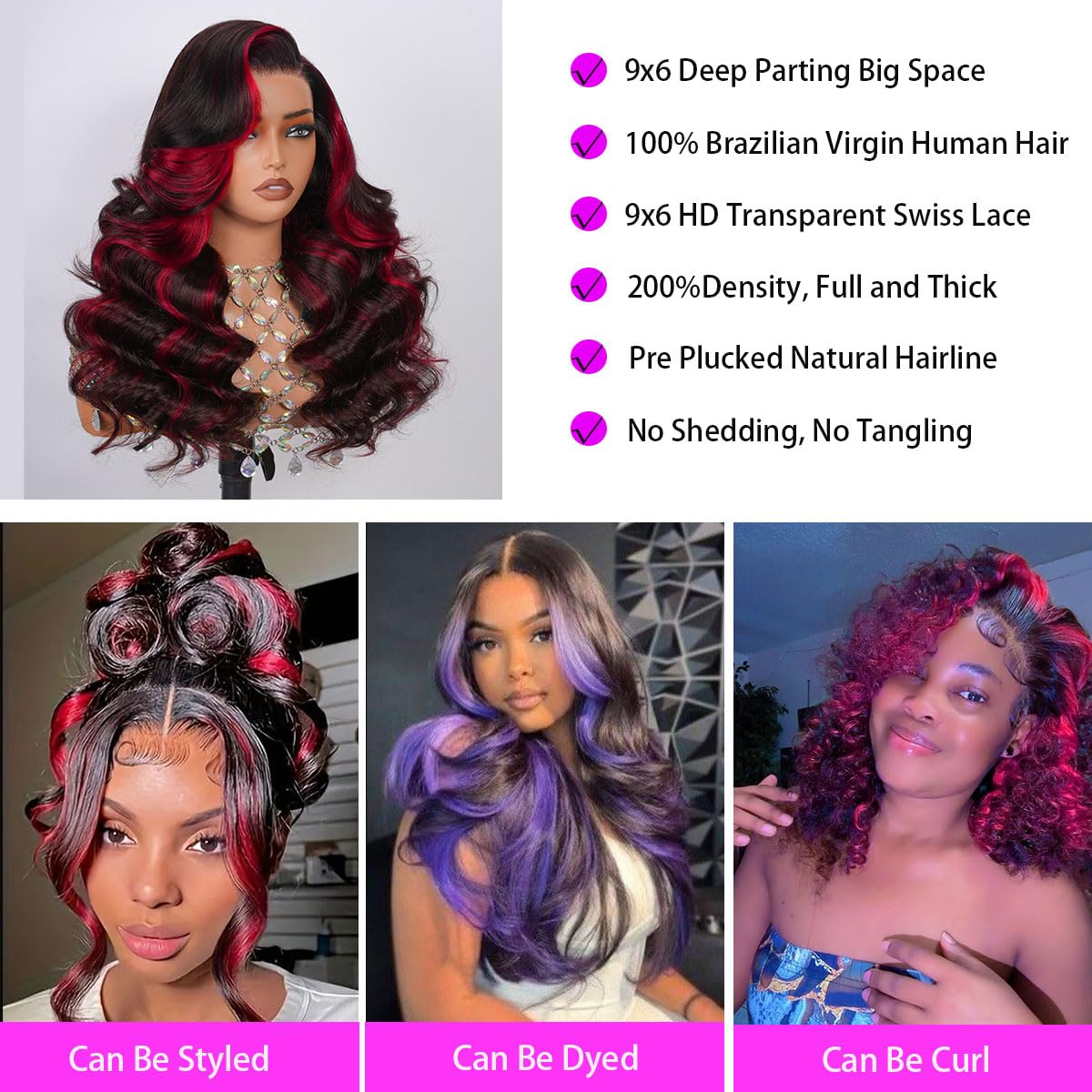 99J Burgundy 9x6 Highlight Lace Front Wig Human Hair Ombre Skunk Strip Body Wave Red And Black Colored Wigs Human Hair 9x6 HD Lace Frontal Wigs 200 Density Pre Plucked For Women 22 Inch