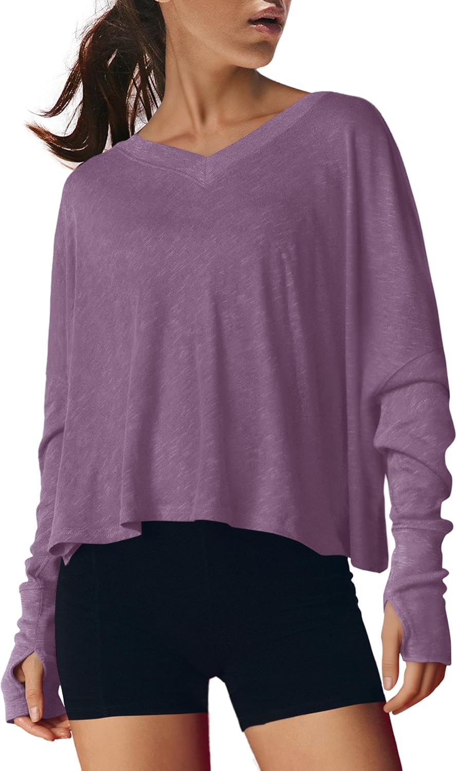 Yanekop Womens Long Sleeve Workout Tops V Neck Athletic Shirts Crop Gym Yoga Tops Basic Boxy Running Tee Shirts