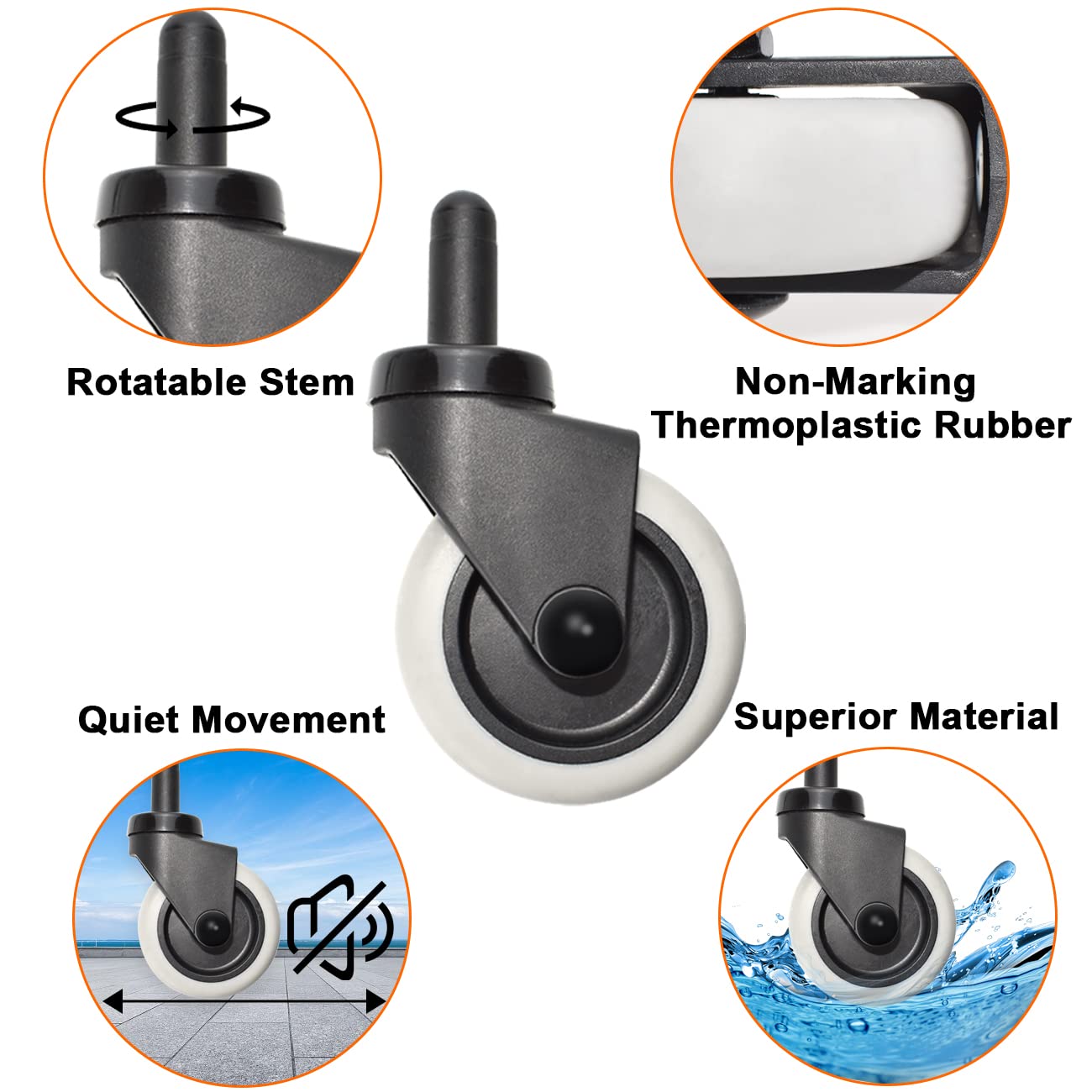 4 Pcs Mop Bucket Casters Replacement, HONSNKS 3 Inch TPR Soft Rubber Swivel Stem Caster Universal Silent Wheels for Rubbermaid Mop Buckets