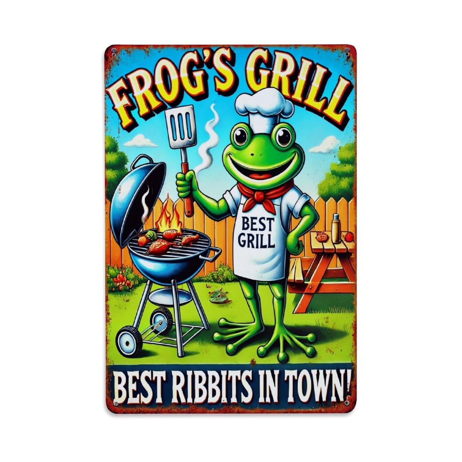 Jdyaojiesheng Vintage Frog Chef Grill Ribbits Town Tin Sign Retro Metal Wall Decor Metal Poster, Home Bar Garage Farmhouse Cafe Wall Art Decoration 8X12inches