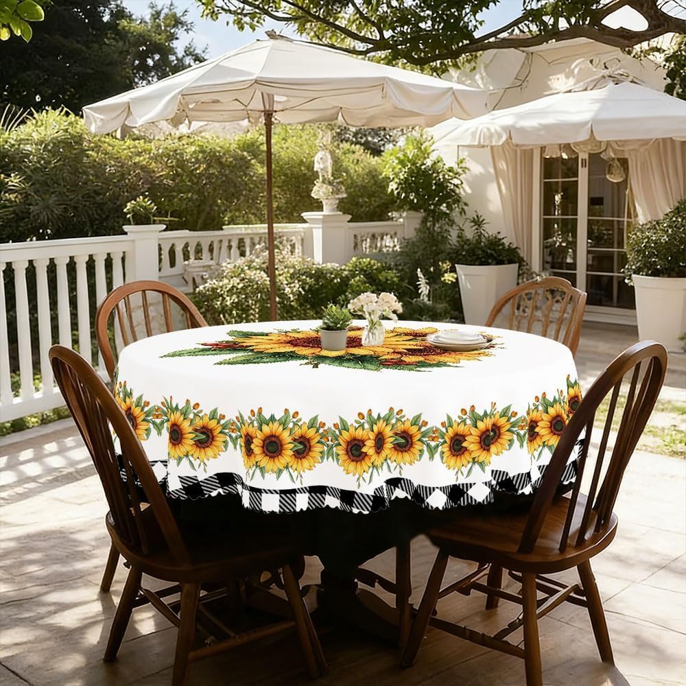60 Inch Round Sunflower Tablecloth, Waterproof Floral Table Cover for Summer