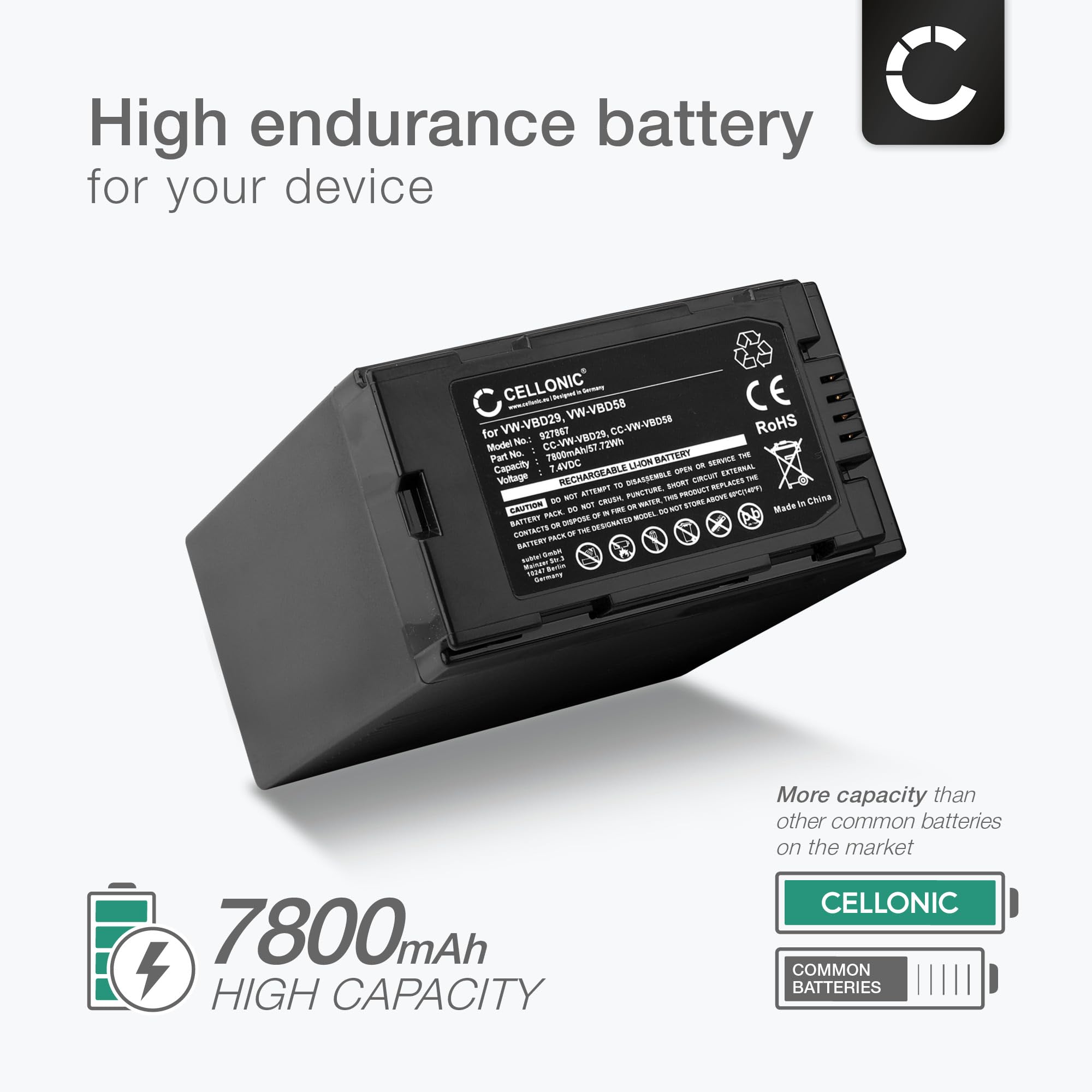 2 x CELLONIC akumulator zastępczy do aparatu VW-VBD29 VW-VBD58 VW-VBD78 do kompatybilności z Panasonic HC-X1, HC-X1000, HC-MDH3, VW-VBD29, akumulator zastępczy 7800 mAh + ładowarka do aparatu