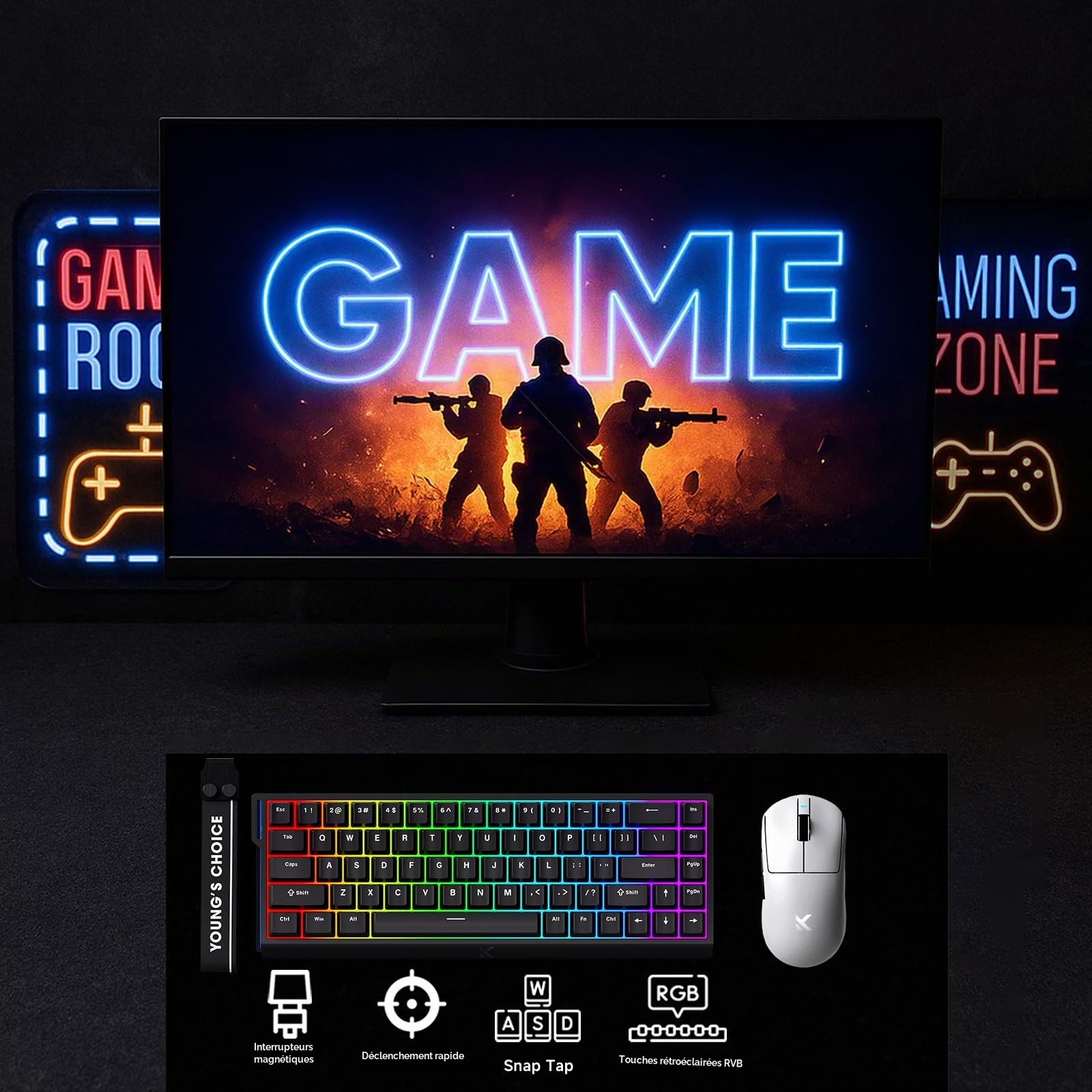 FOXMM x MCHOSE Ace68 HE Clavier Gaming 65% RGB Filaire, Rapid Trigger 8000Hz, Switch Magnétique à Effet Hall Ice Blue Esports, Course Ajustable Ultra Précision 0,005 mm, pour Jeux FPS, Noir