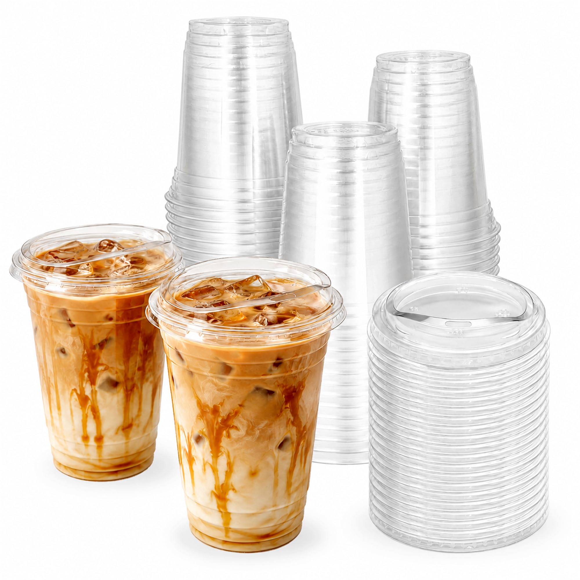 16oz (470ml) Clear Cups with Sip Through Lids [50 Pack] - Strong Recyclable rPET Cold Drink Cups for Iced Coffee, Cold Brew, Iced Americano, Iced Espresso, Iced Tea, Lemonade, Juice & Soft Drinks