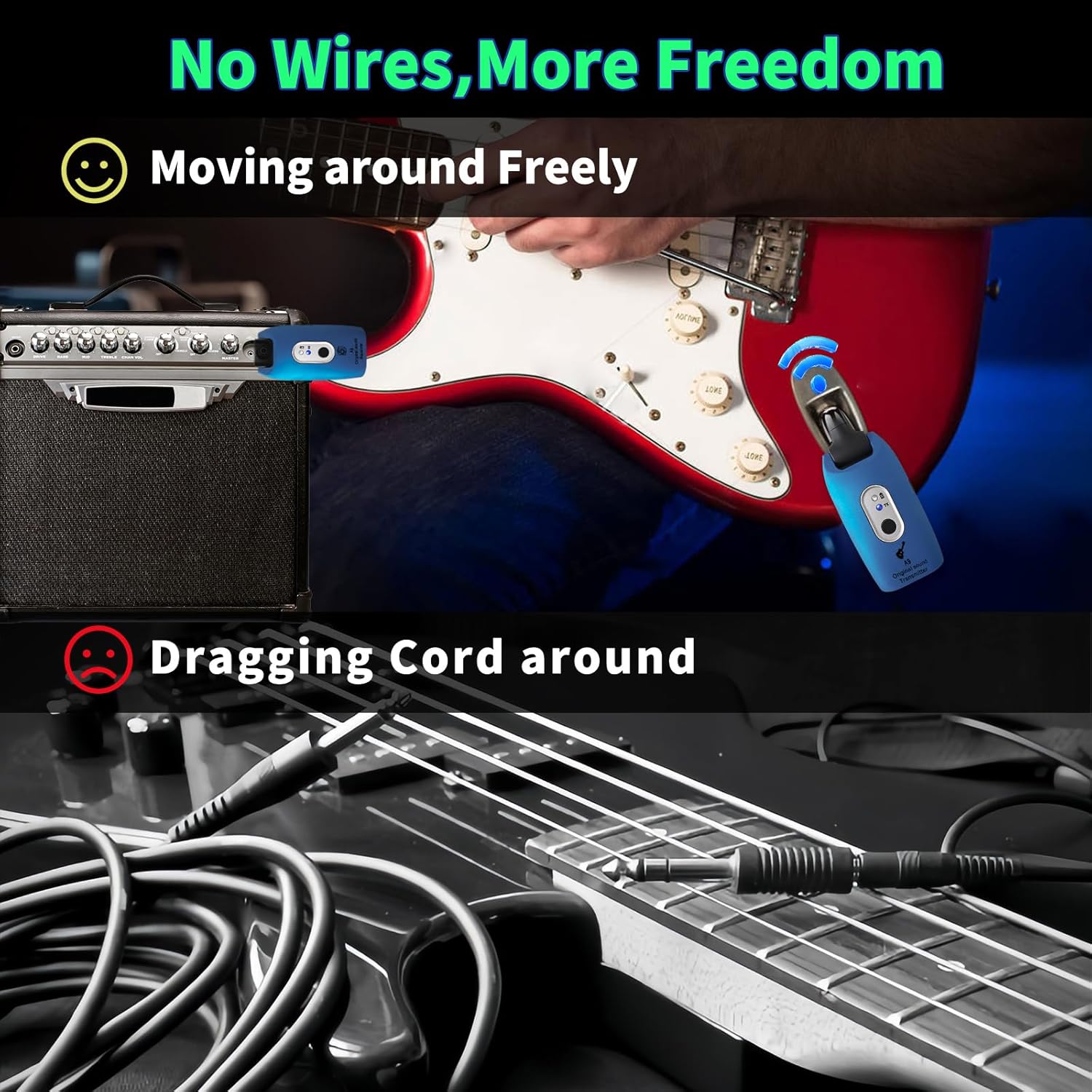 A9 Wireless Guitar System - 2.4GHz, 24-bit 48KHz Audio, 100ft Range, No Latency, 4-Hour Rechargeable Battery, Blue, for Electric Guitar Bass(Blue(2TX+1RX))