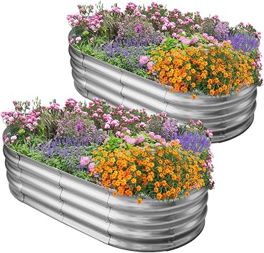 HGD Galvanized Raised Garden Bed for Outdoor 4X2X1ft Durable Metal Vegetable Plant Container Kit - Oval Planter Box for Gardening Flower Trough 2 Pack