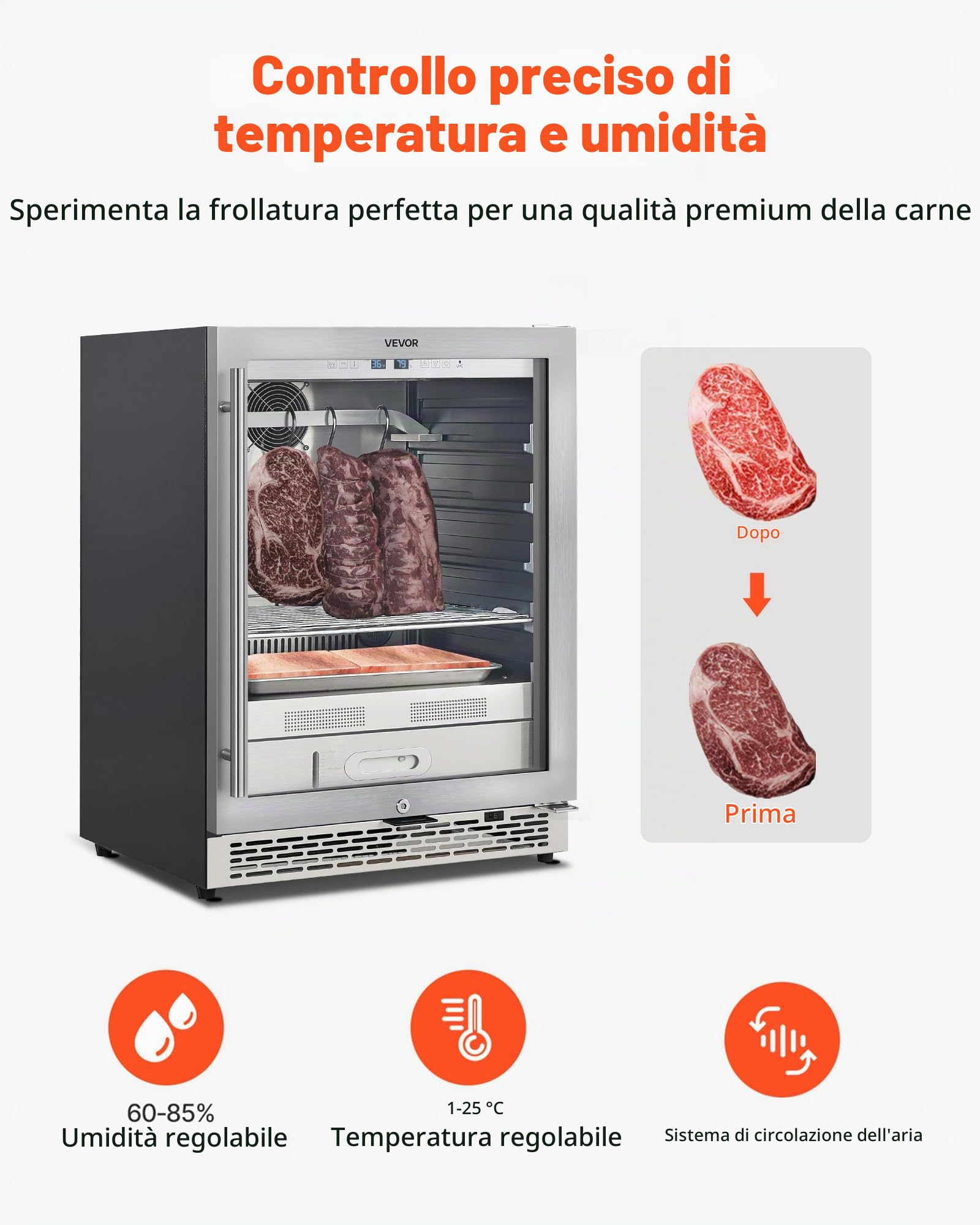 VEVOR Armadio per Stagionatura della Carne da 45 kg, Armadietto per Essiccazione della Carne con Controllo Preciso della Temperatura e dell'Umidità, Macchina per Stagionatura della Bovina per Cucina