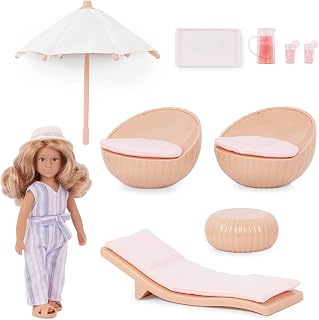 Lori – Mini Doll & Toy Terrace Furniture – 6-inch Doll & Dollhouse Accessories – Chairs, Table, Umbrella, Lemonade – Play Set for Kids – 3 Years + – Marina's Terrace Set