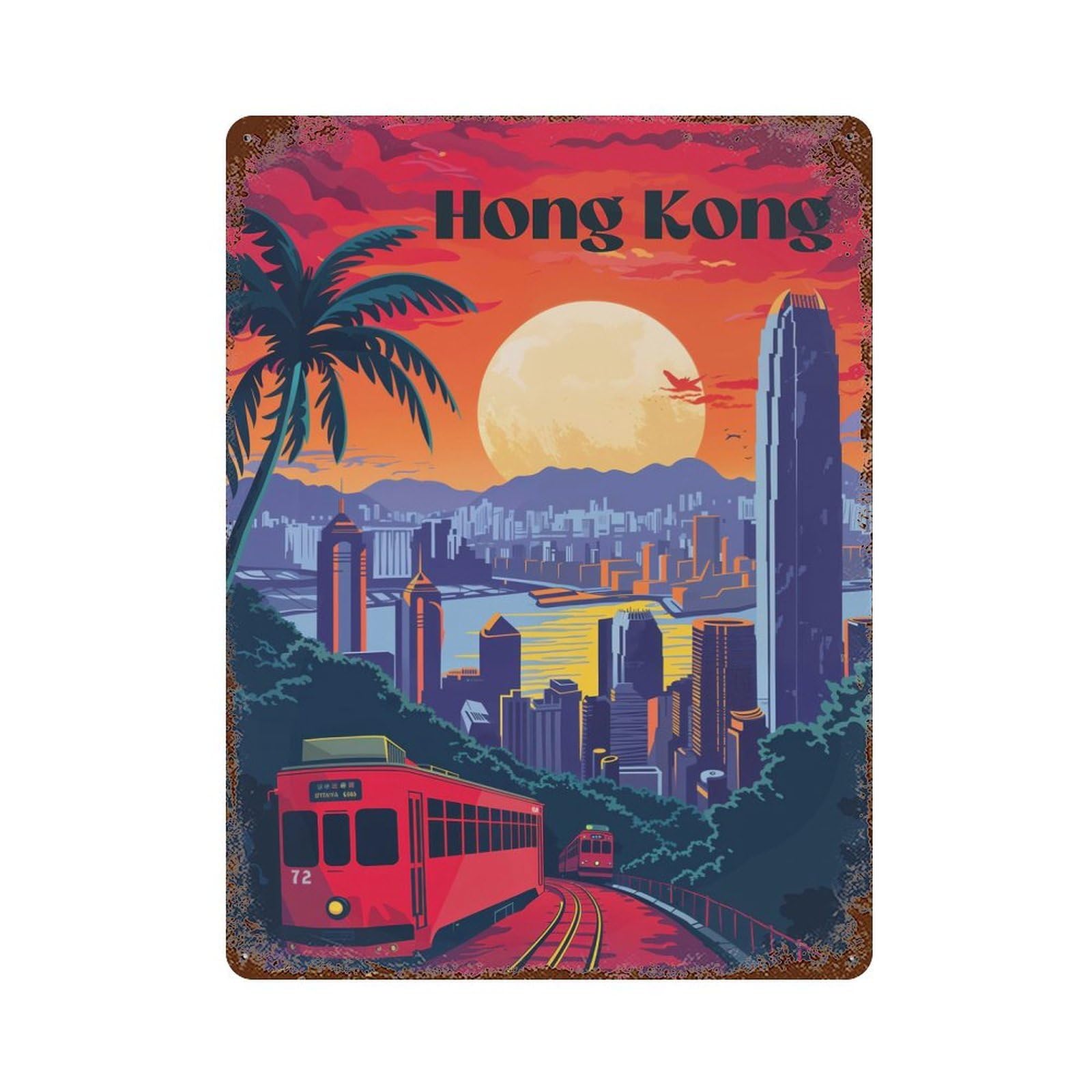 Hong Kong Sunset Glow 15.7"x11.8" Decorative Tin Sign, Rustic Home Decor for Patio, Garden Room And Bar Decor