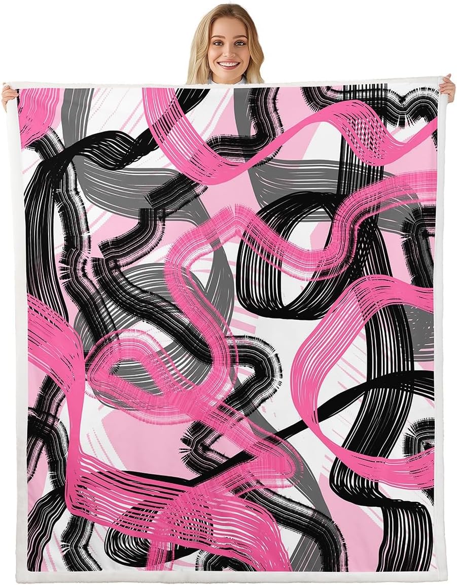 Feelyou Hot Pink Grey Black Sherpa Blanket Twin 60"x80" Abstract Fleece Throw Blanket for Bed Sofa Couch Kids Boys Girls Decor Geometric Plush Blanket Stripe Modern Art Fuzzy Blanket Bedroom