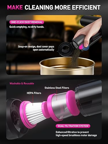 Miniatura 6 de Mini aspiradora portátil inalámbrica con luz LED, potente succión de 15000 PA, alta potencia de 80 W, vacío con un solo clic, filtro HEPA doble,