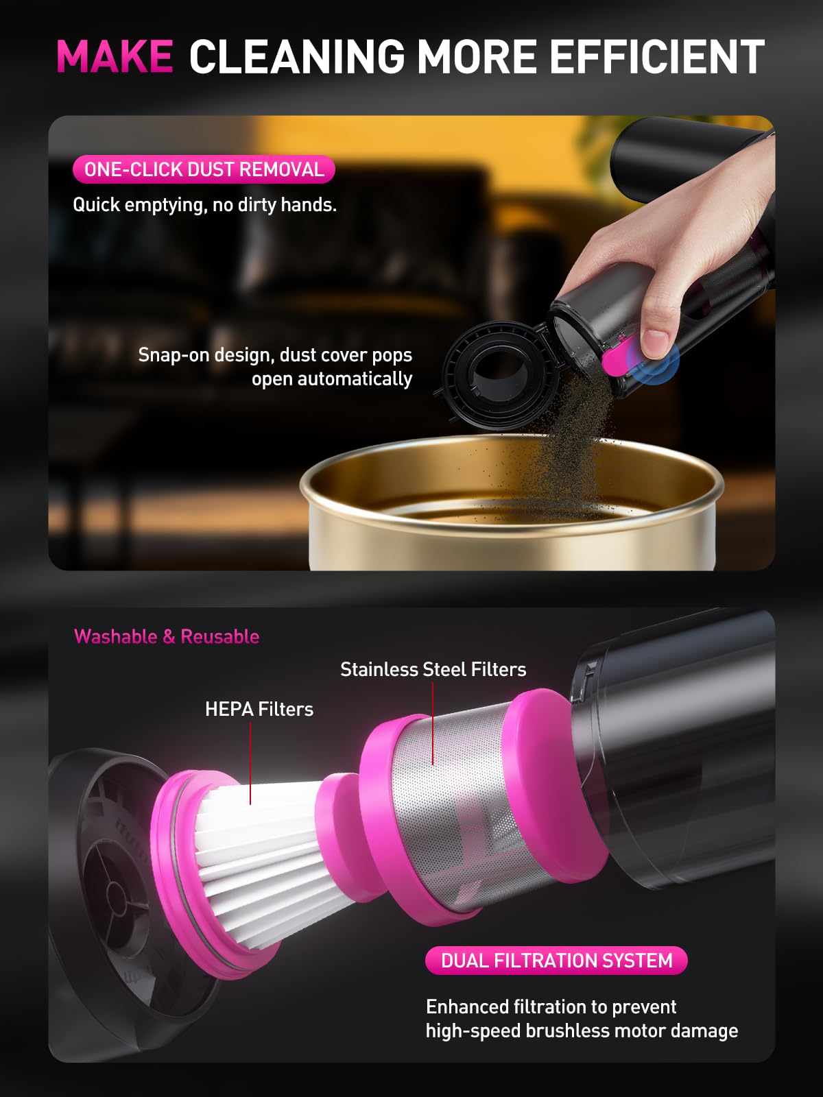 Mini aspirapolvere portatile per auto senza fili con luce LED, aspirazione potente da 15000 PA, 80 W ad alta potenza, aspirapolvere con un solo clic, filtro Hepa doppio, aspirapolvere per auto